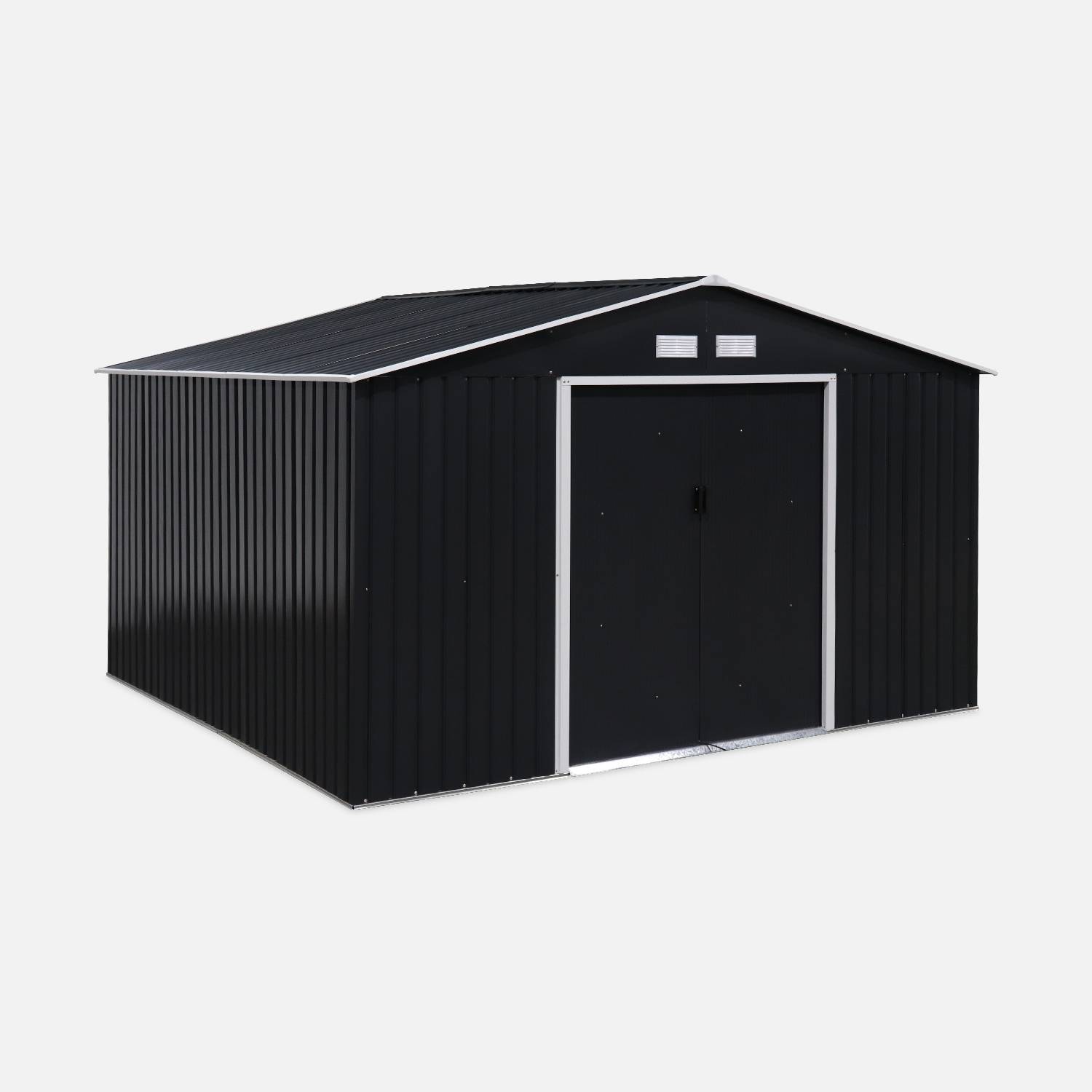 (11 X 10FT) 10.85m² Metal garden shed - Tool shed with single latch door, ground fixing kit supplied - Boulonnais - Grey and White,sweeek,Photo1