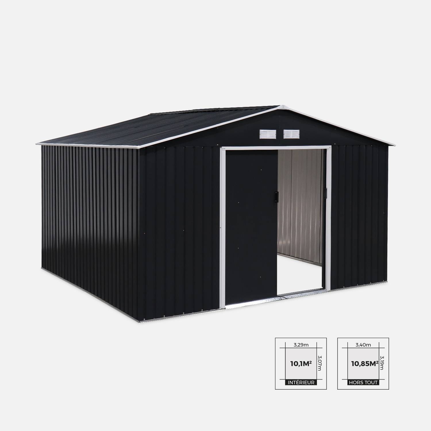 (11 X 10FT) 10.85m² Metal garden shed - Tool shed with single latch door, ground fixing kit supplied - Boulonnais - Grey and White,sweeek,Photo2