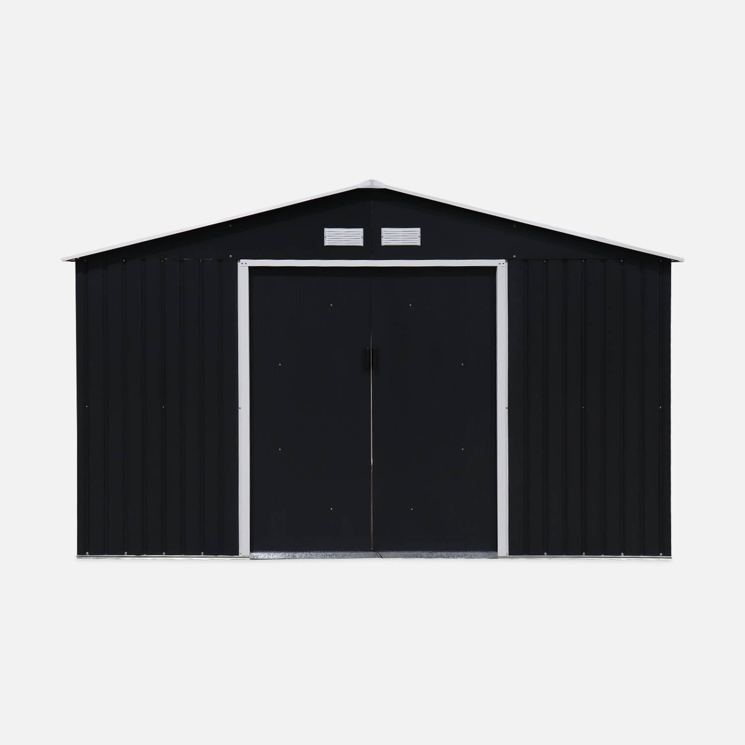 (11 X 10FT) 10.85m² Metal garden shed - Tool shed with single latch door, ground fixing kit supplied - Boulonnais - Grey and White,sweeek,Photo3