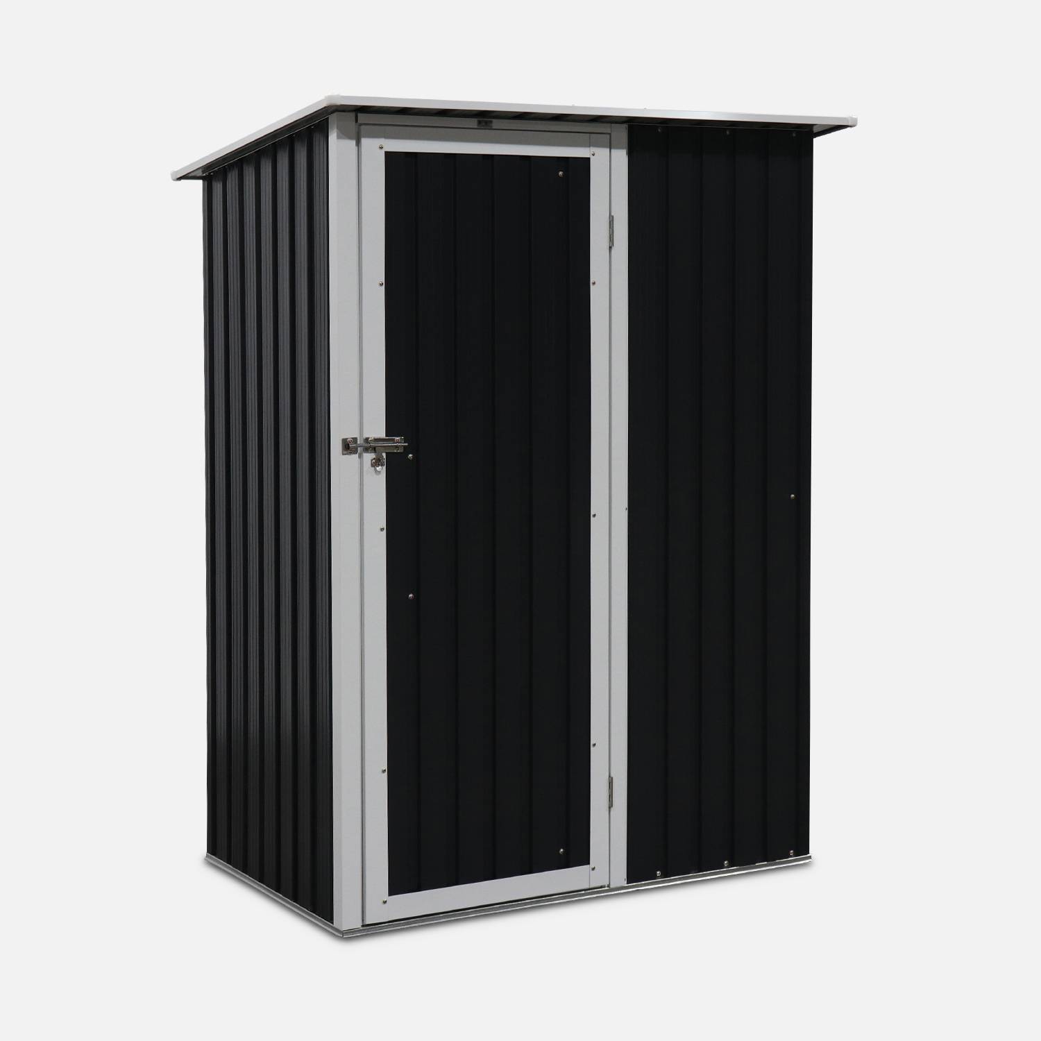 (4.6 X 3.1FT) 1.36m² Metal garden shed - Tool shed with single latch door, ground fixing kit supplied - Lys - Grey and White,sweeek,Photo1