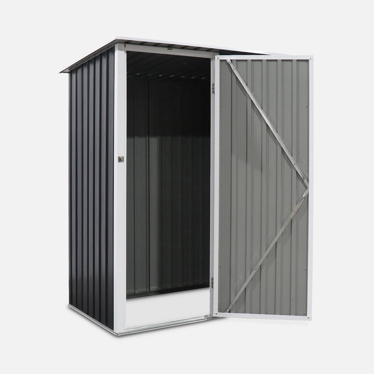 (4.6 X 3.1FT) 1.36m² Metal garden shed - Tool shed with single latch door, ground fixing kit supplied - Lys - Grey and White,sweeek,Photo3