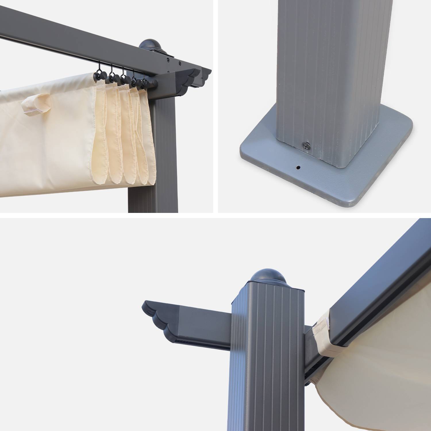 Pergola aluminium - Condate 3x3m -  Toile écru - Tonnelle idéale pour votre terrasse, toit retractable, toile coulissante, structure aluminium Photo3