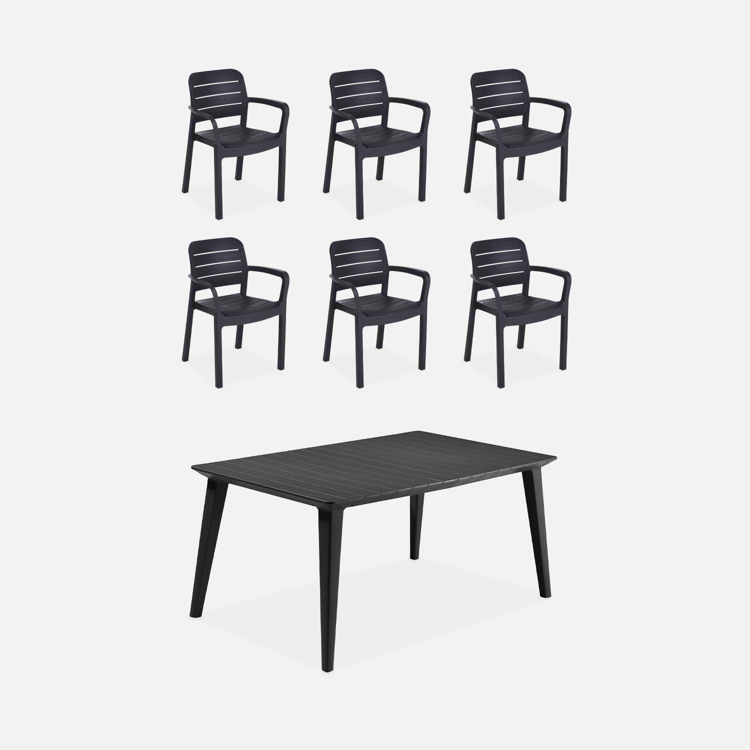 Table de jardin en résine de synthèse, Lima 160, Rectangulaire, graphite, 160 cm et 6 fauteuils de jardin empilables Tisara ,sweeek,Photo1