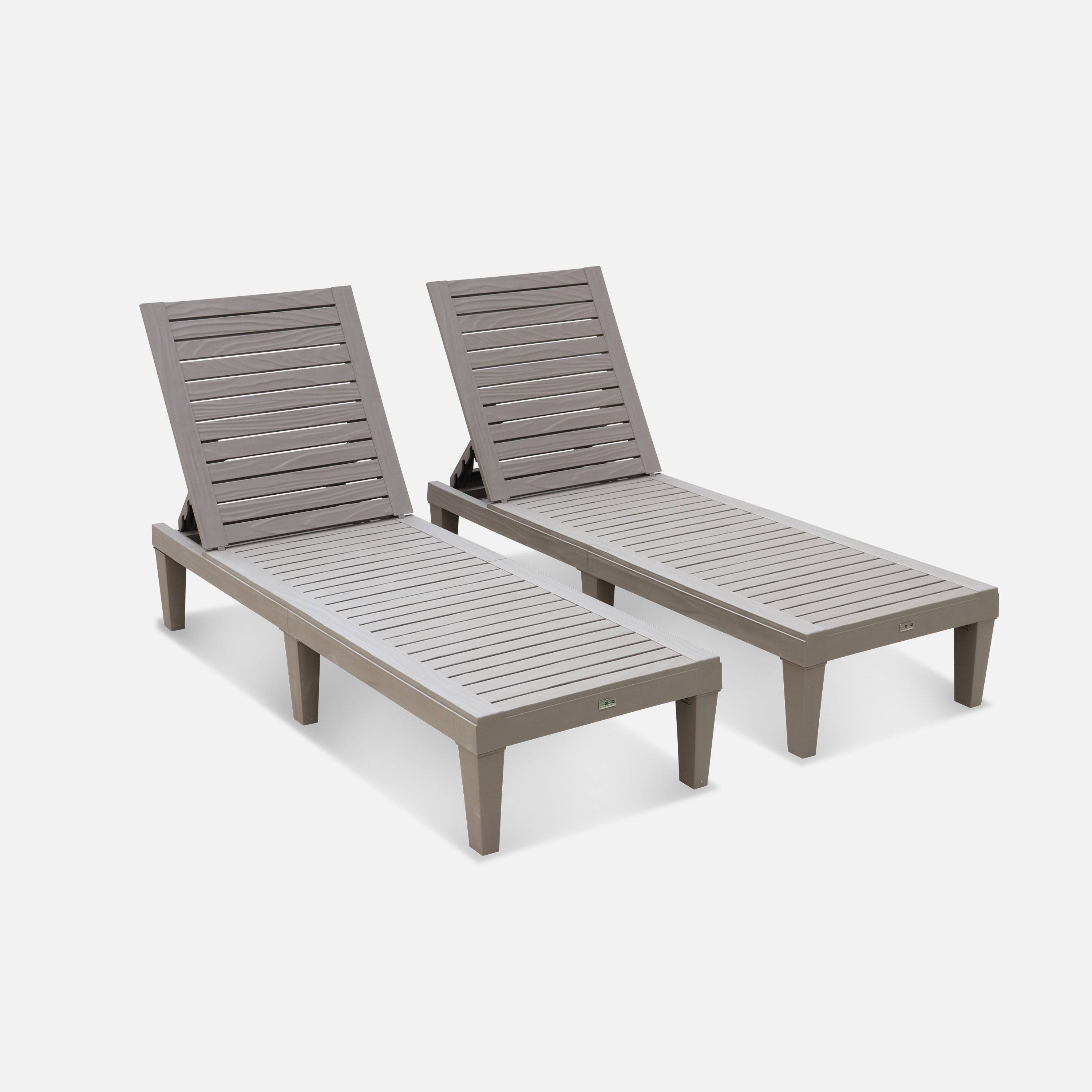 Pair of plastic sun loungers with textured wood effect, Grey