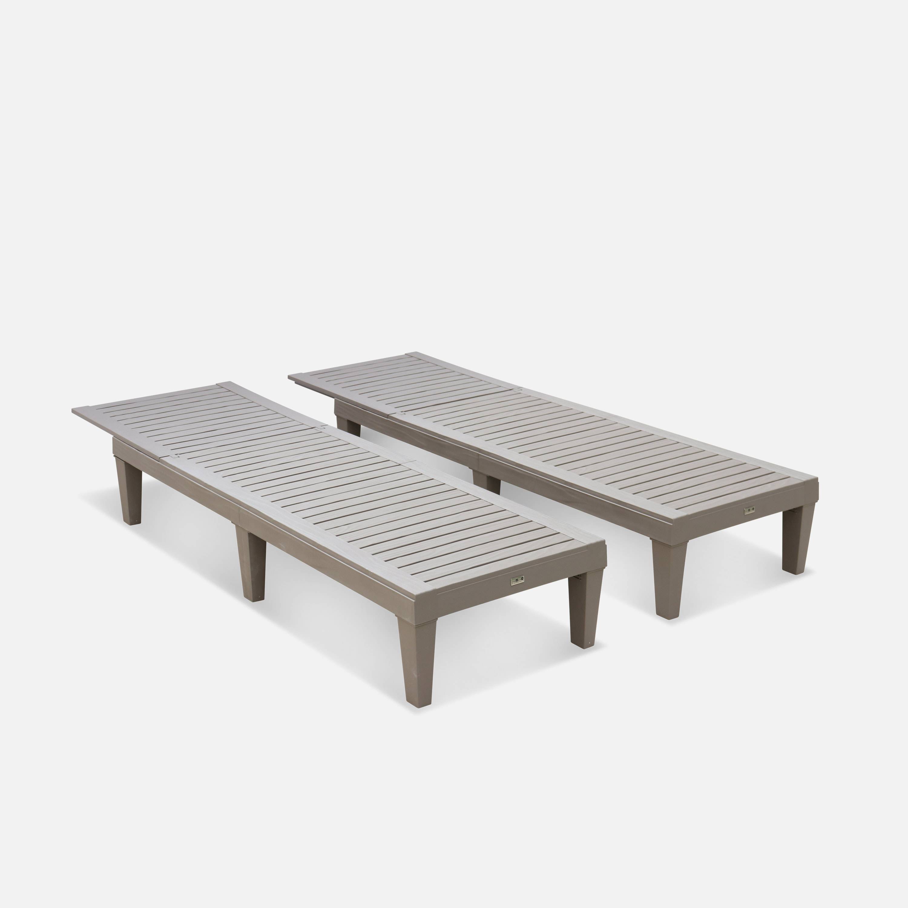 Pair of plastic loungers, multi position sun beds with textured wood effect - Pia - Grey,sweeek,Photo3