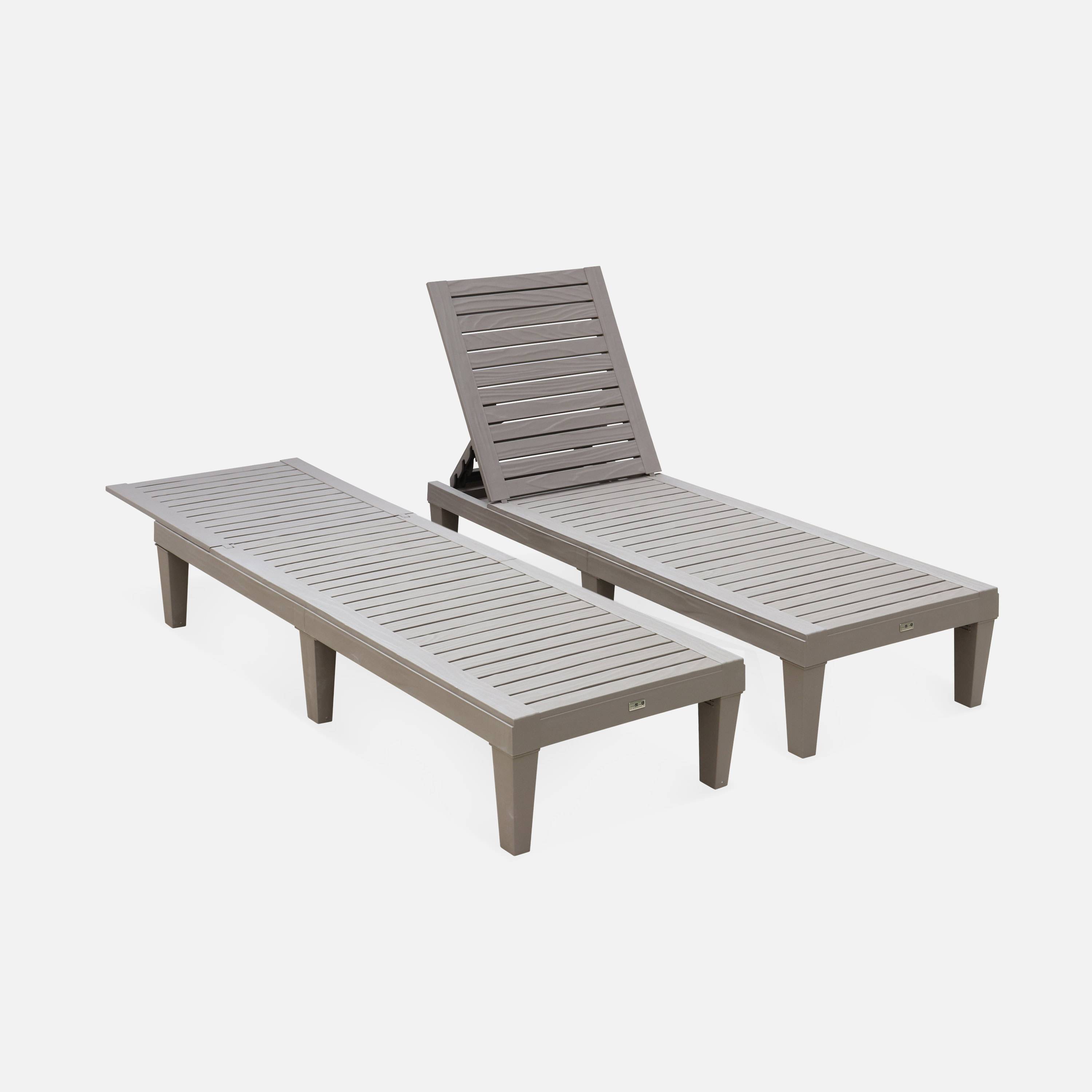 Pair of plastic loungers, multi position sun beds with textured wood effect - Pia - Grey,sweeek,Photo4