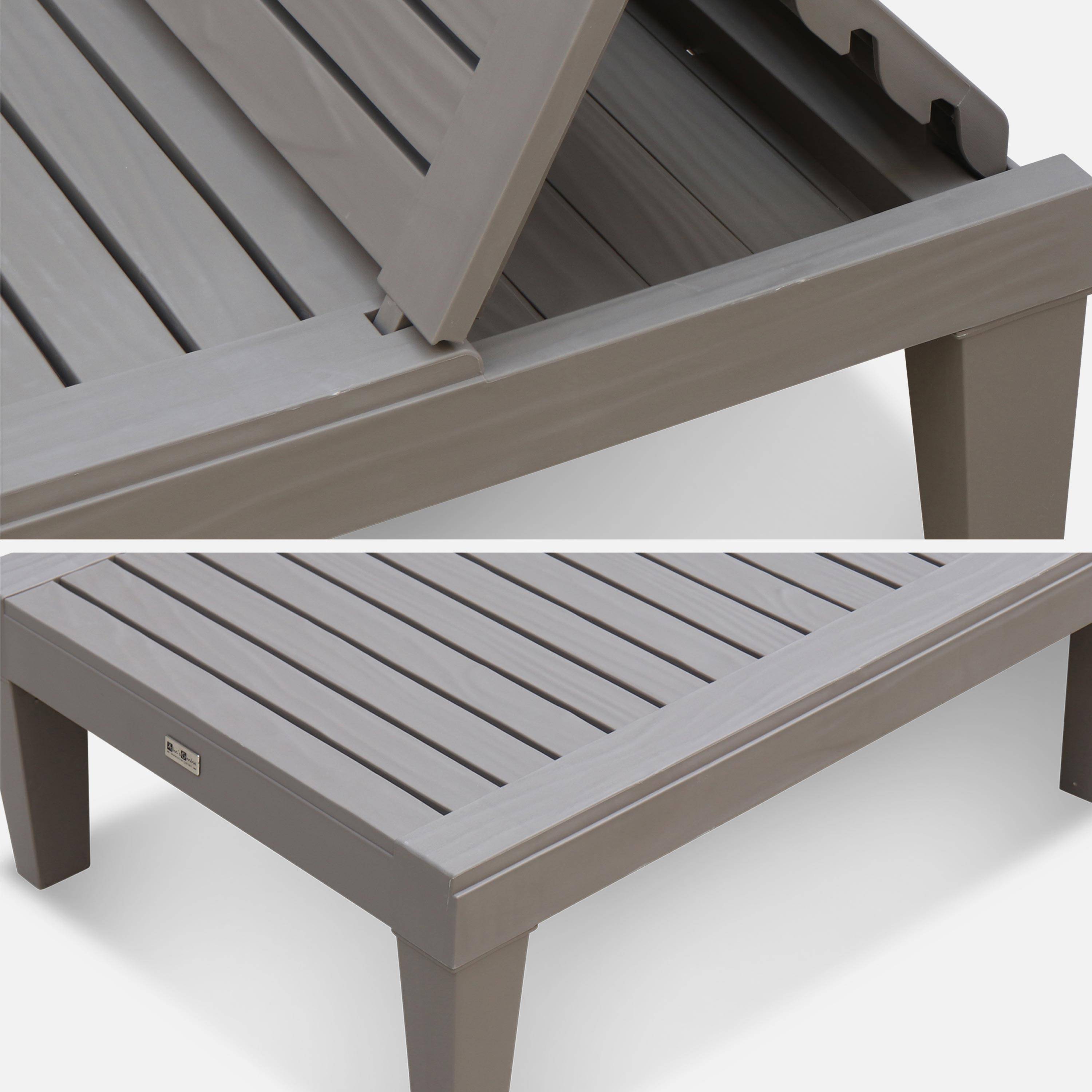 Pair of plastic loungers, multi position sun beds with textured wood effect - Pia - Grey,sweeek,Photo5