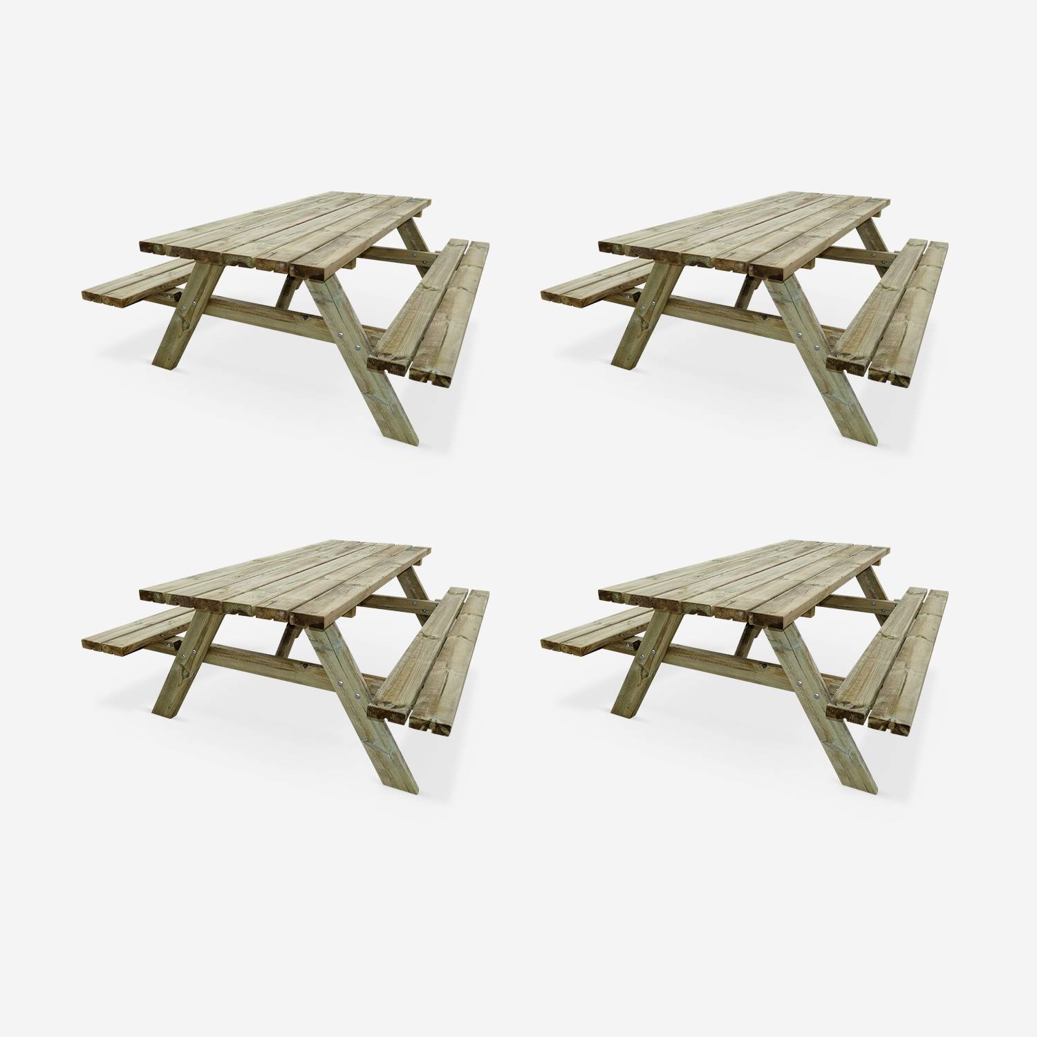 Set van 4 picknicktafels 180 cm met opklapbare houten banken, 6 zitplaatsen - PANCHINA - Stevige tuintafels in FSC grenenhout,sweeek,Photo1