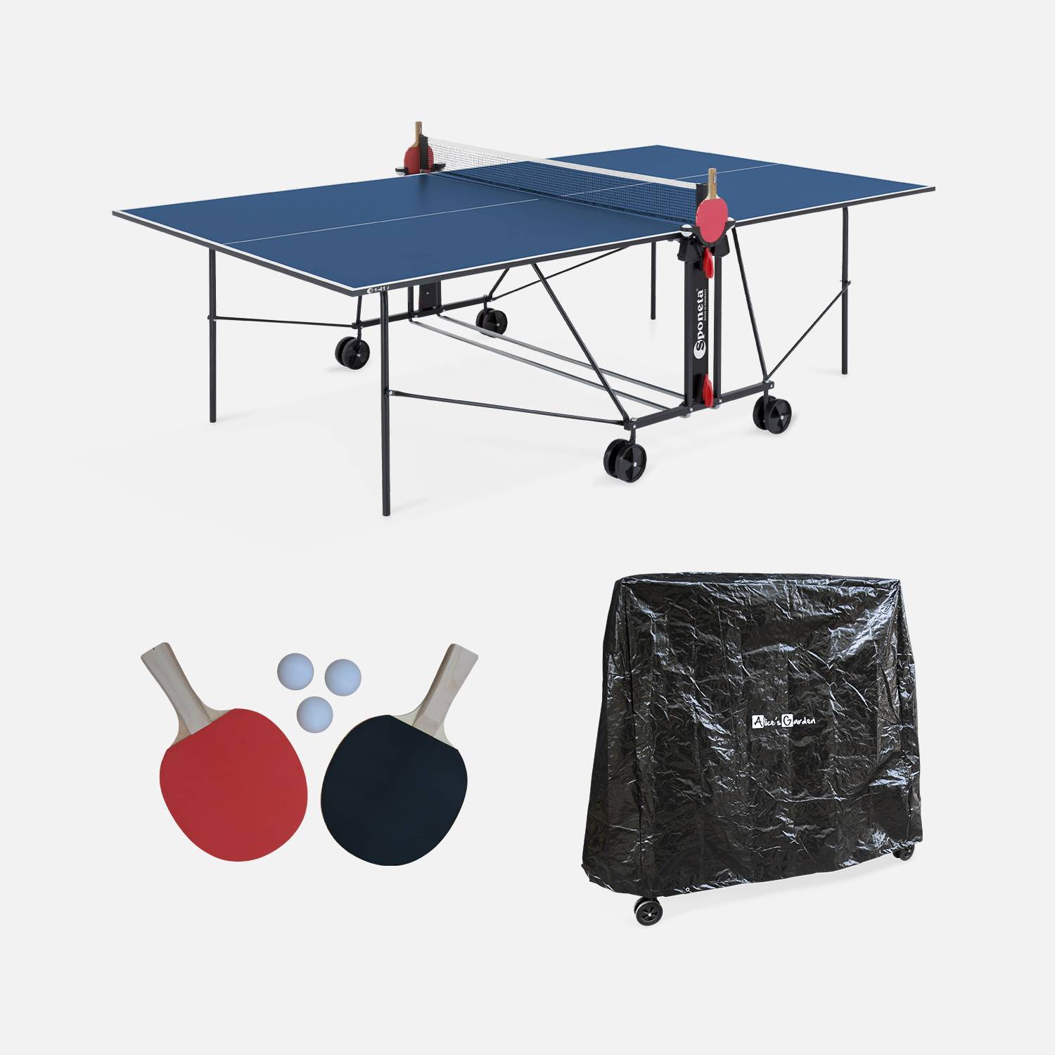 Tischtennistisch INDOOR blau für den Innenbereicach + PVC-Hülle + 2 Schläger und 3 Bälle, Tischtennissport Photo1