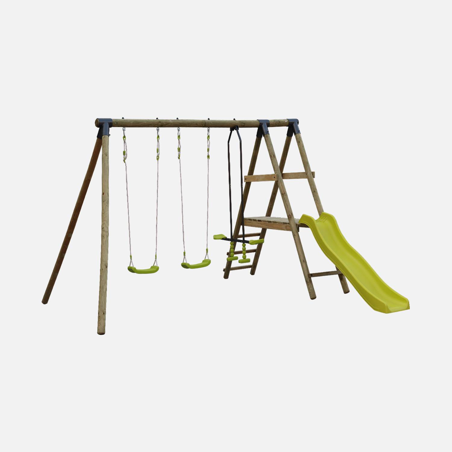 Wooden garden multiplay with slide, two swings and face to face glider - pressure treated FSC pine - Marin,sweeek,Photo1