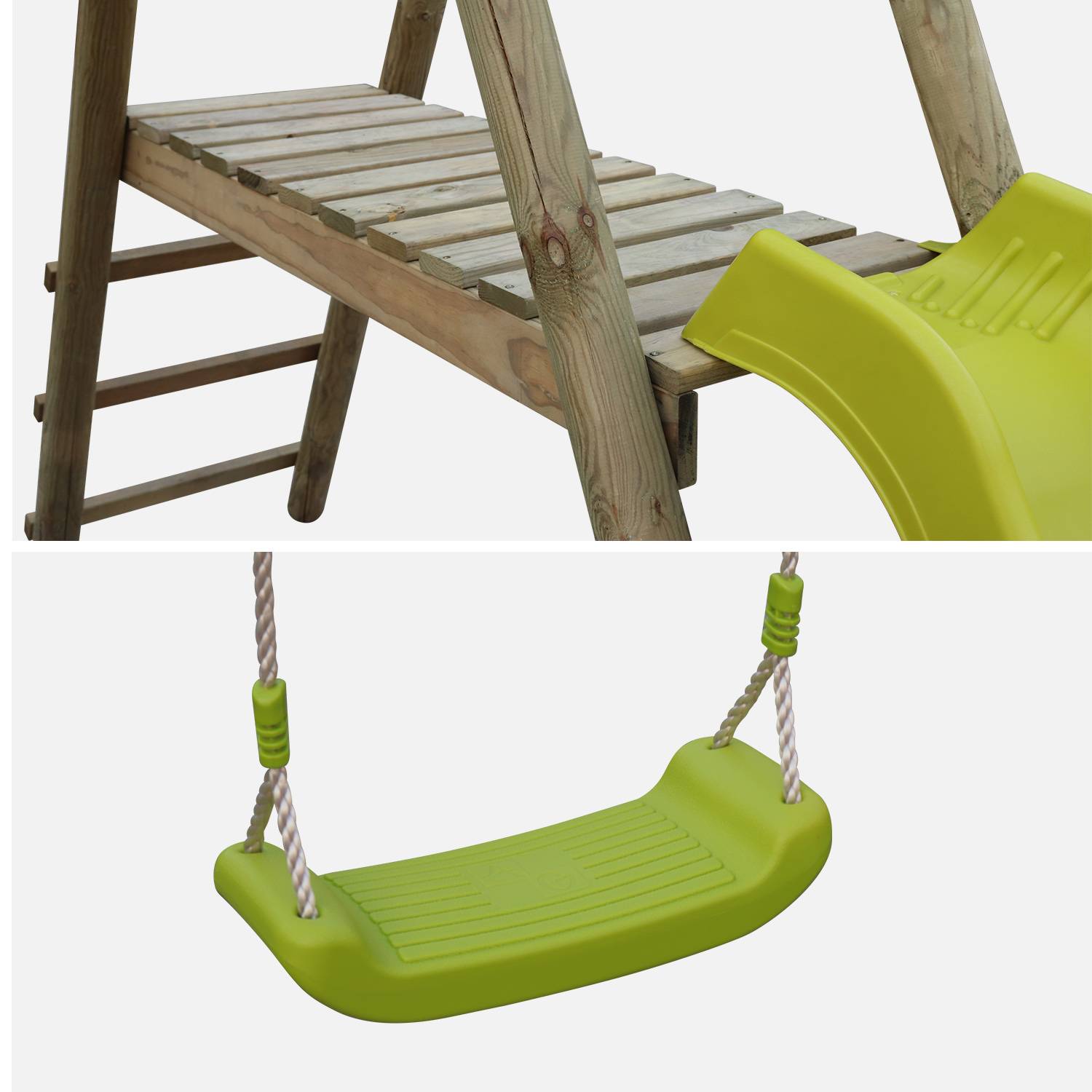 Wooden garden multiplay with slide, two swings and face to face glider - pressure treated FSC pine - Marin,sweeek,Photo4