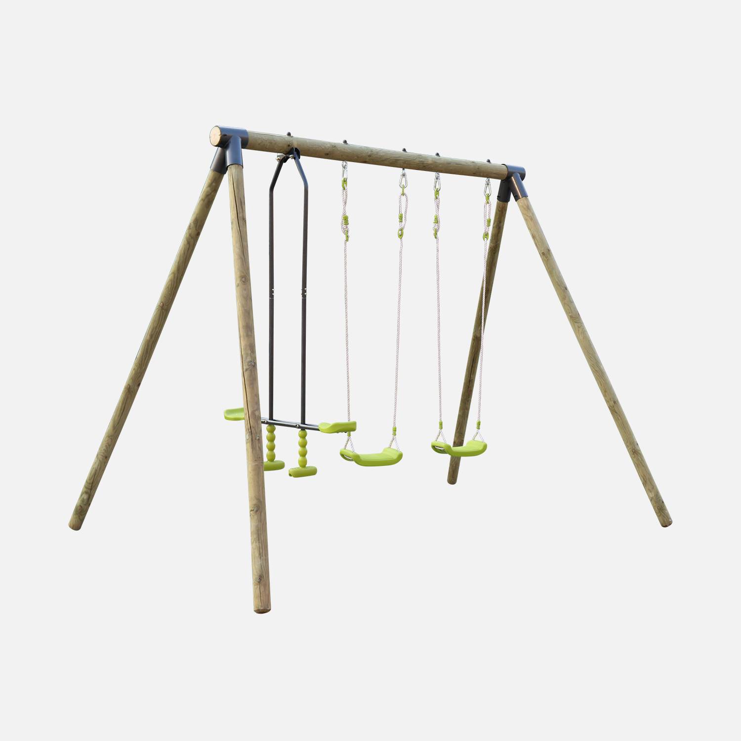 Wooden swing set with 2 swings and 1 double-seat glider - pressure-treated FSC pine - Naroit,sweeek,Photo1