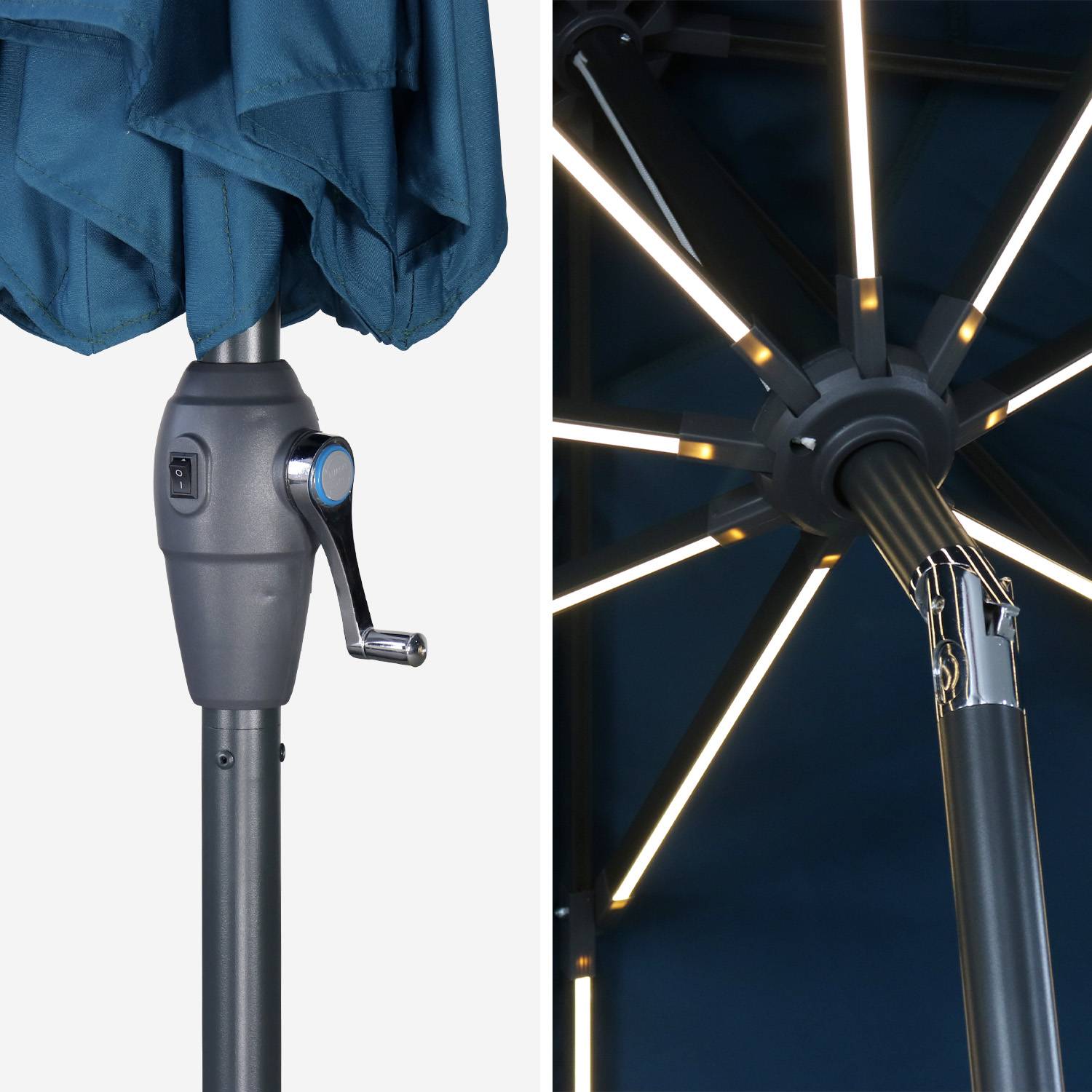 Paraguas LED redondo Ø 2,7m - Helios Duck - Paraguas de varilla central con luz integrada y manivela,sweeek,Photo5