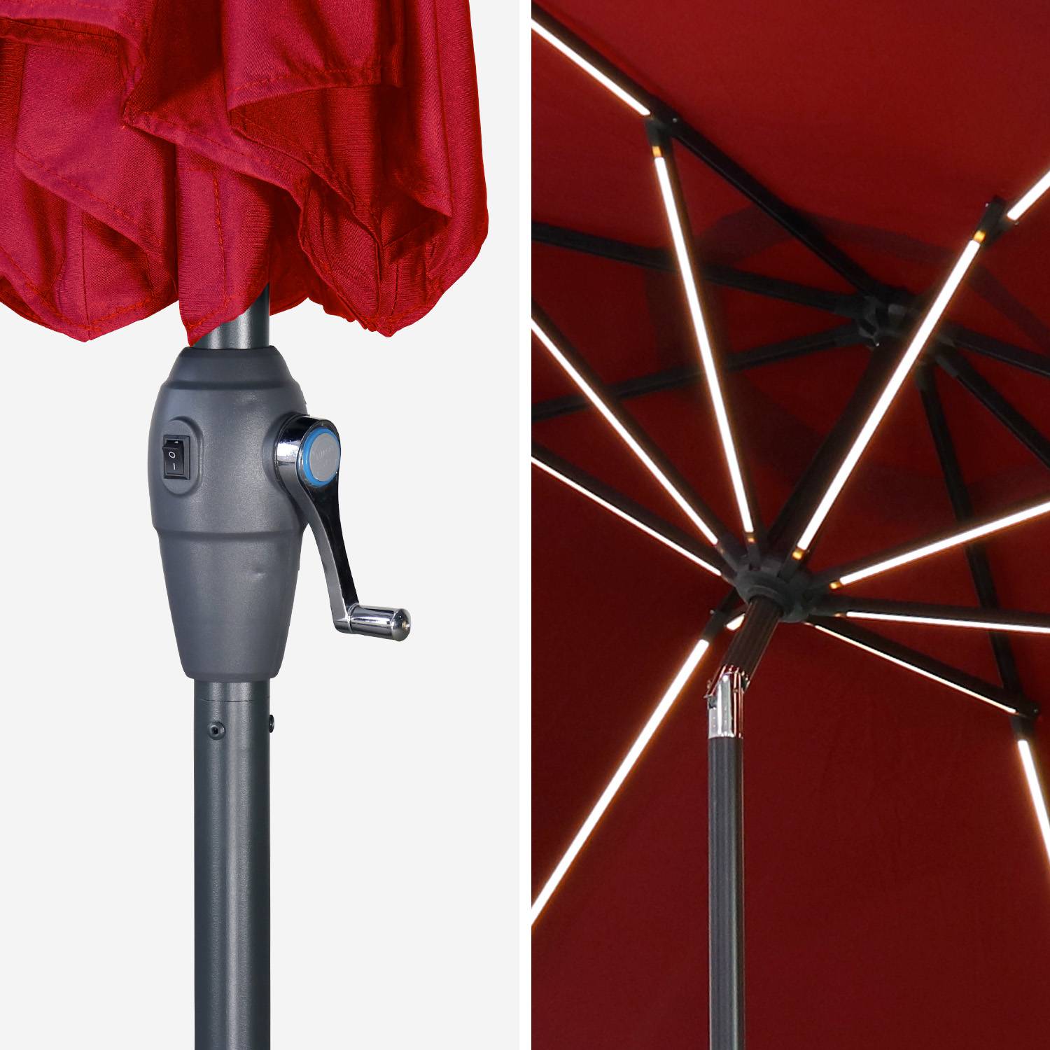 2.7m round centre pole LED parasol - adjustable aluminium central mast and crank handle opening - Helios - Red,sweeek,Photo5
