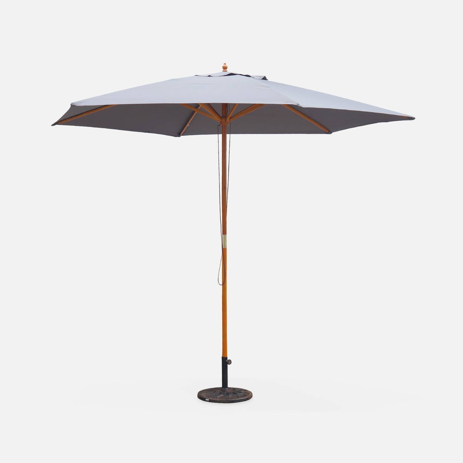 Round wooden parasol Ø300cm with straight pole -  adjustable aluminium central mast in wood and crank handle opening - Cabourg - Grey Photo1