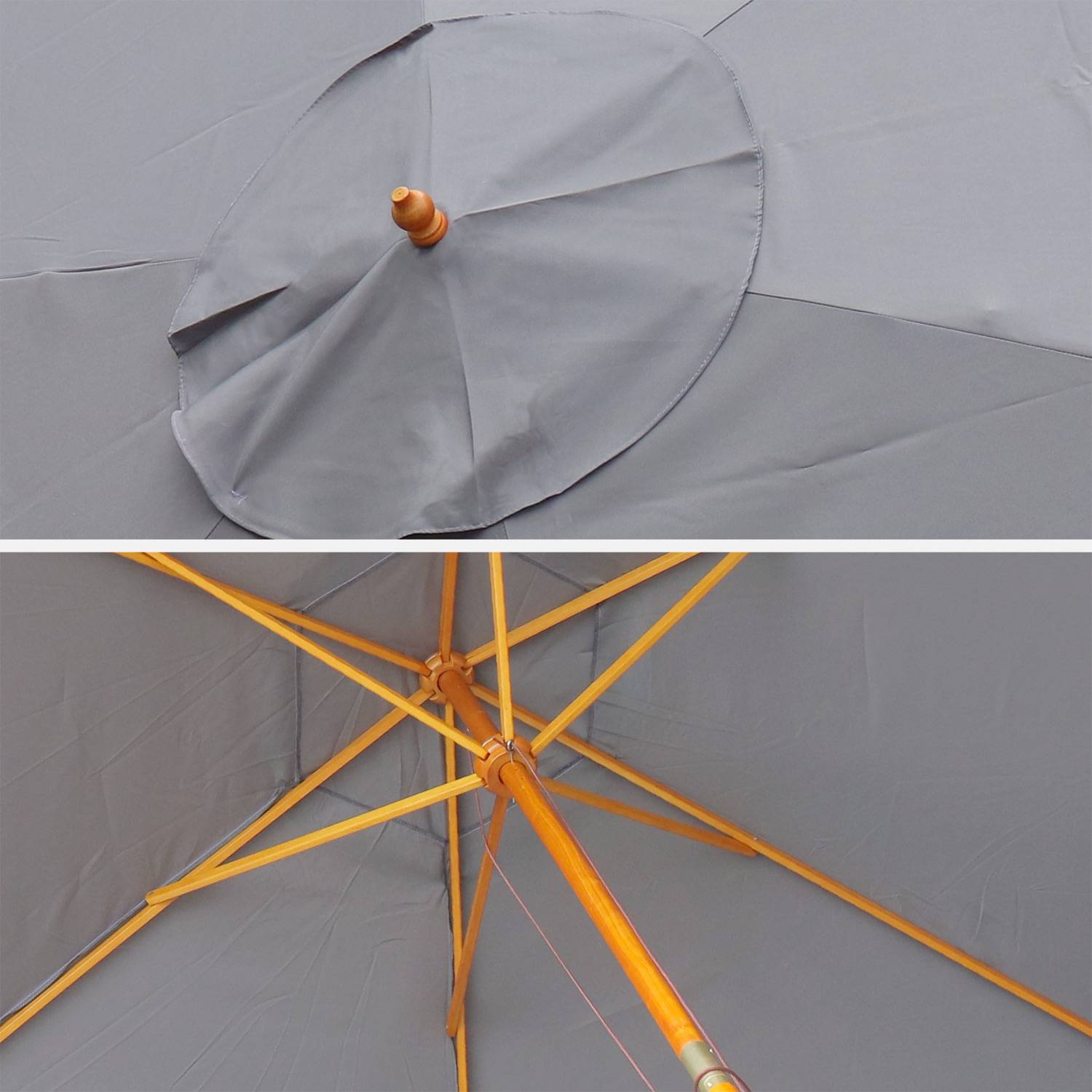 Round wooden parasol Ø300cm with straight pole -  adjustable aluminium central mast in wood and crank handle opening - Cabourg - Grey Photo4