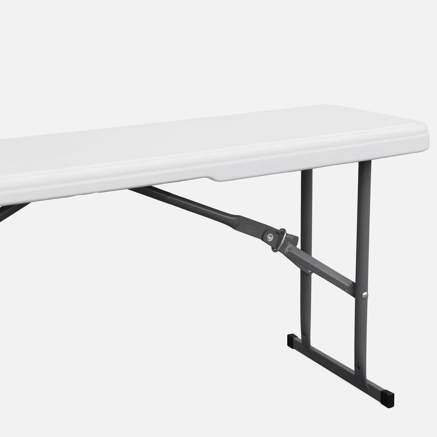 Conjunto mesa y bancos para celebración, 180cm, plegables, con asa de transporte, plástico blanco Photo5