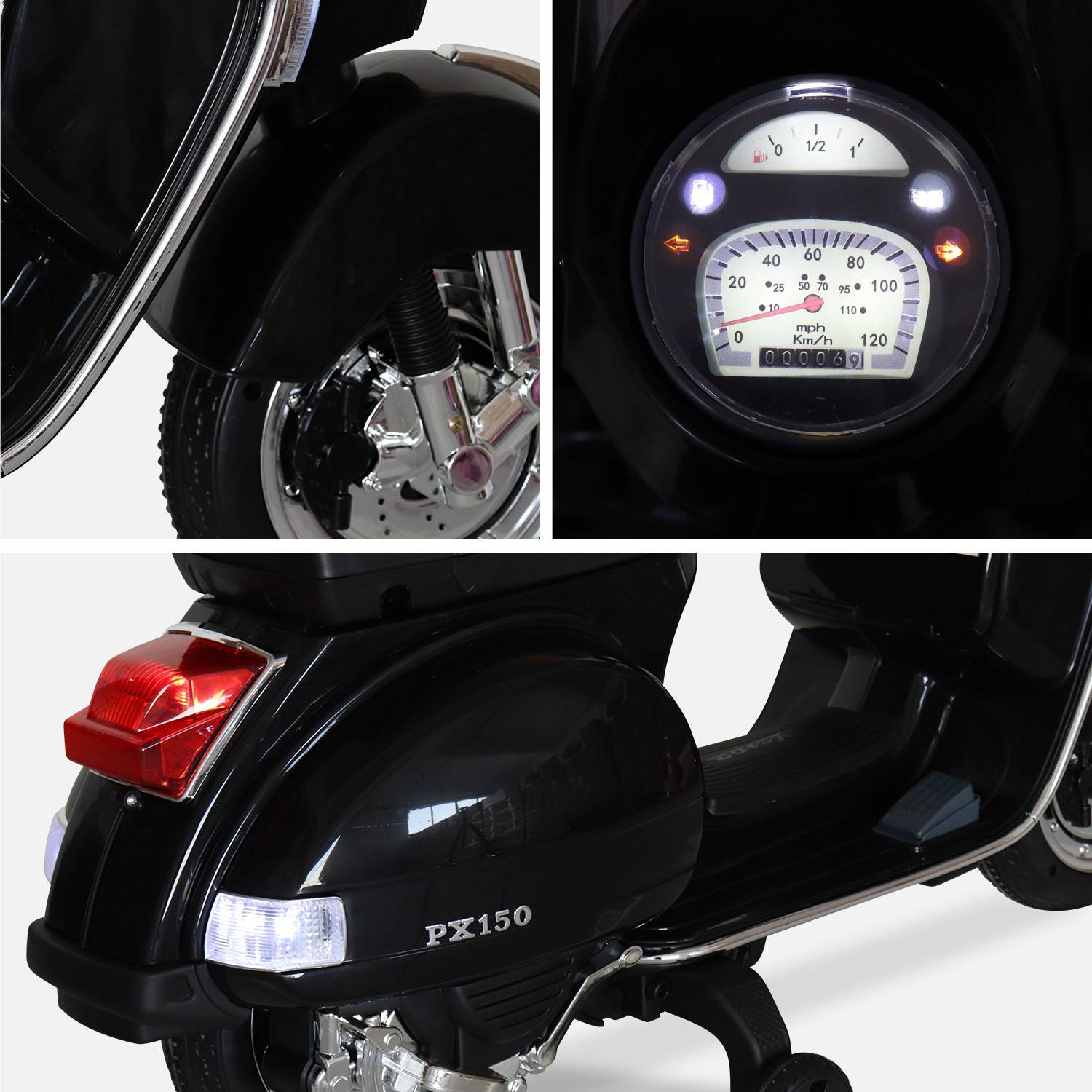 Vespa negro PX150, scooter eléctrico para niños 12V 4.5Ah, 1 asiento con autoradio,sweeek,Photo3