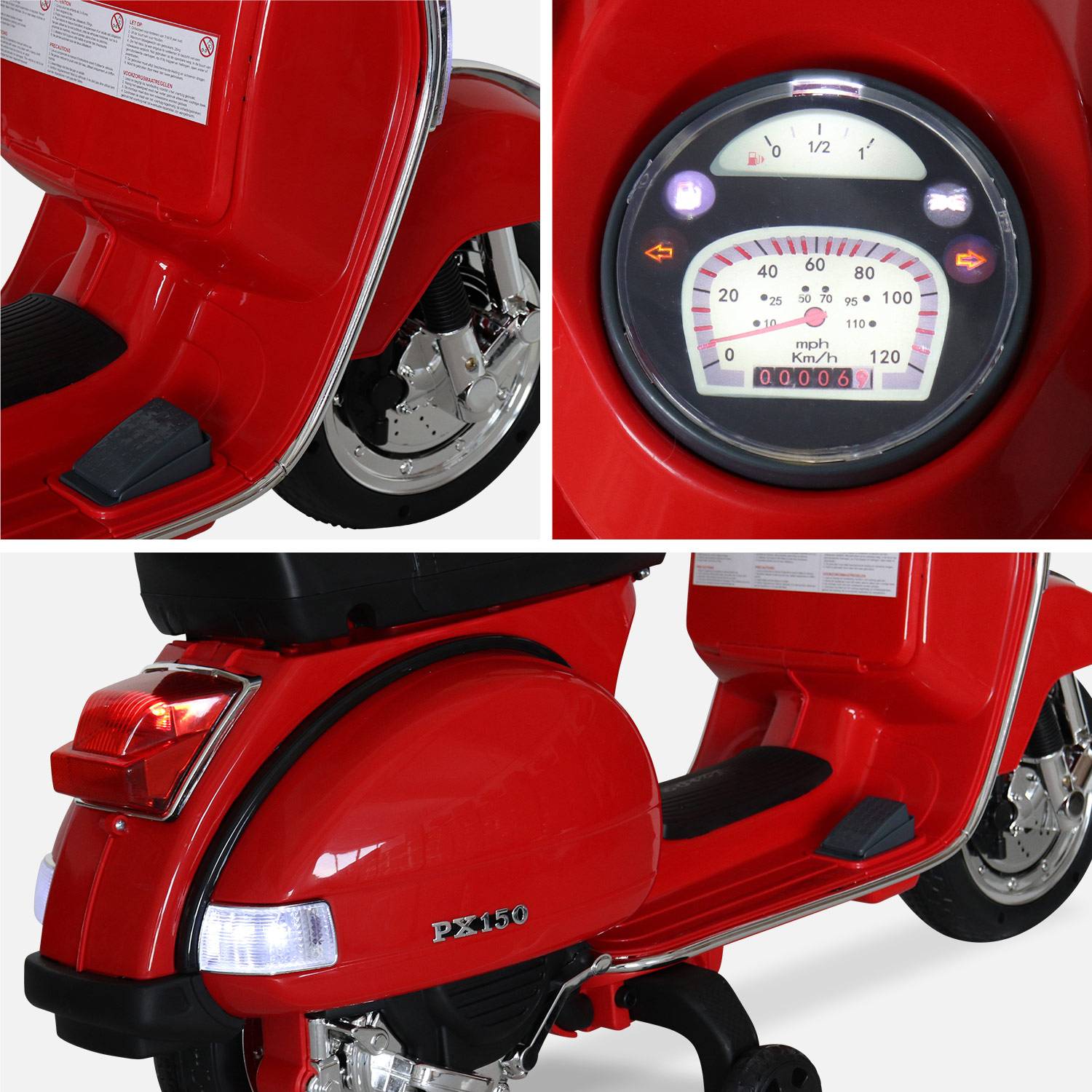 Vespa red PX150, scooter eléctrico para niños 12V 4.5Ah, 1 plaza con autoradio,sweeek,Photo3
