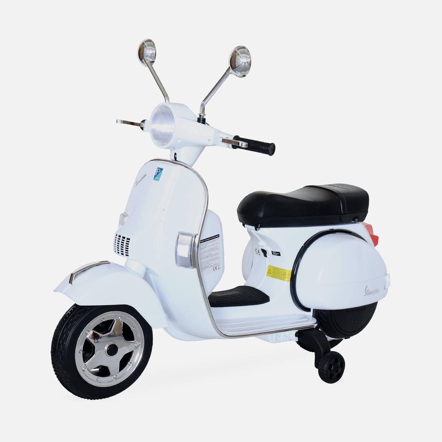 Vespa blanca PX150, scooter eléctrico para niños 12V 4.5Ah, 1 asiento con radiocontrol