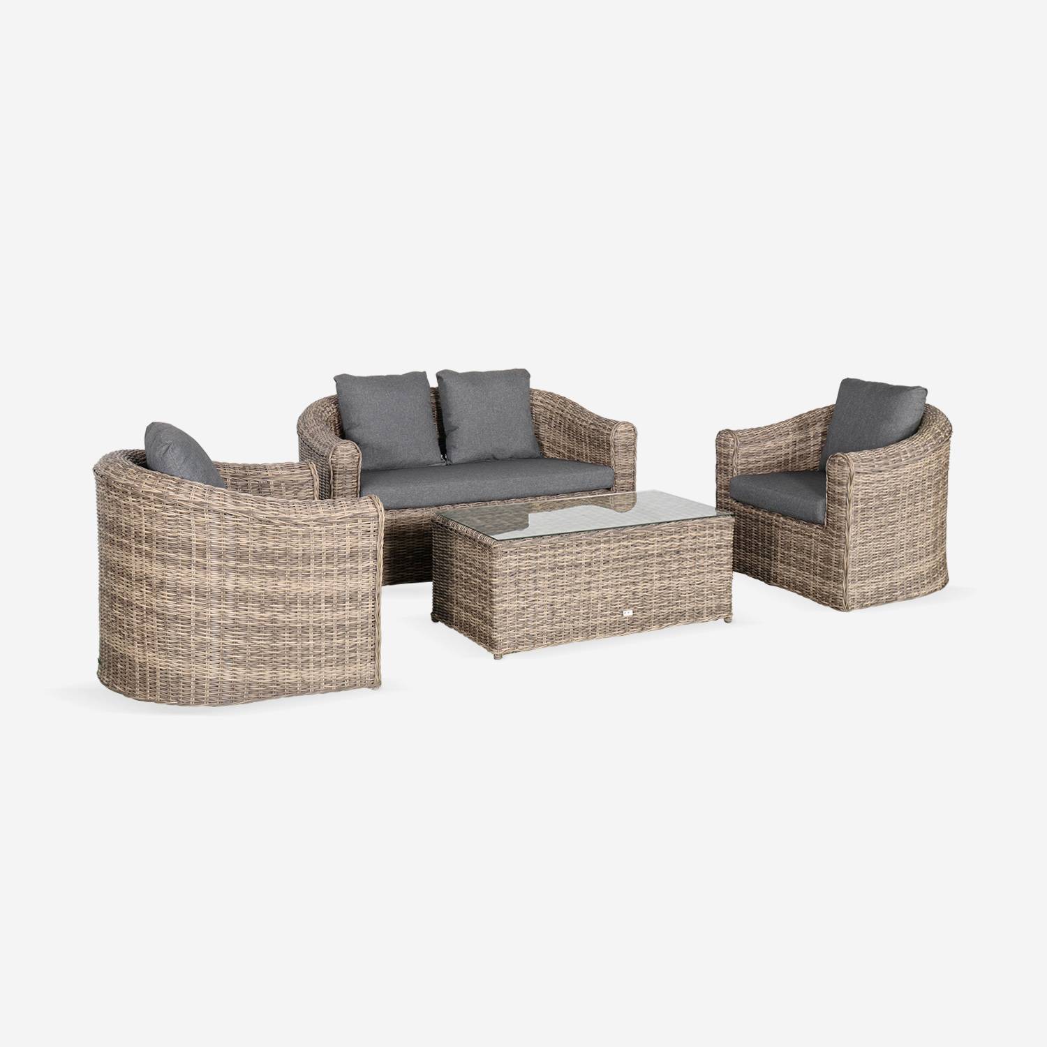 Conjunto de mobiliário de jardim em resina tecida, 4 lugares - Valentino Naturel - Almofadas antracite, sofá, cadeirões, mesa de centro Photo3