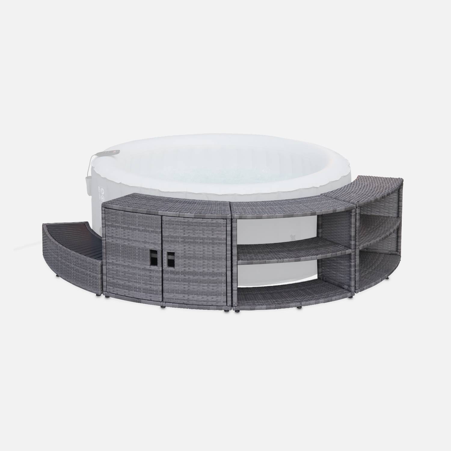 Grey polyrattan for hot tub surrond for 4 or 6 seater hot tub 180 x 70 cm - aluminium structure, shelves, cabinet and footstep,sweeek,Photo1