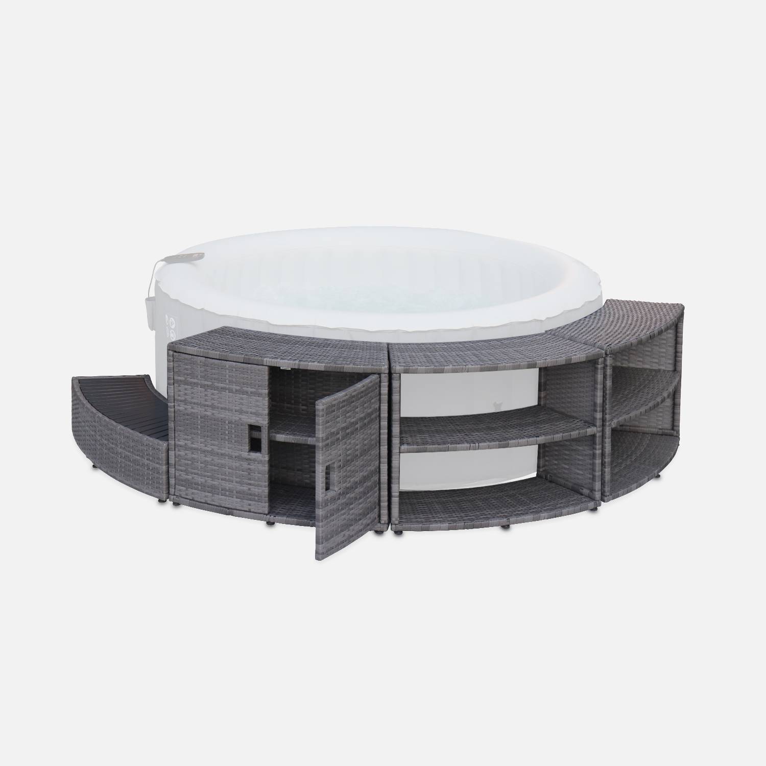 Grey polyrattan for hot tub surrond for 4 or 6 seater hot tub 180 x 70 cm - aluminium structure, shelves, cabinet and footstep,sweeek,Photo2