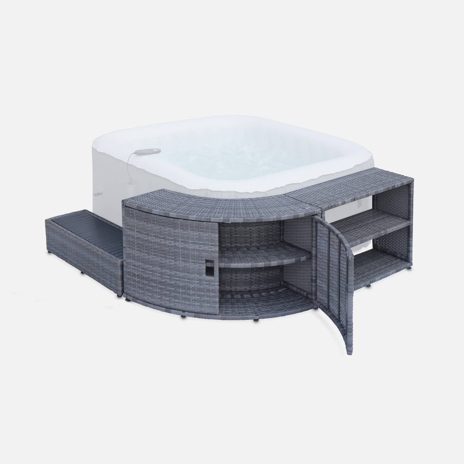 Grey polyrattan surround for square hot tub with cabinet, shelf and footstep,sweeek,Photo2