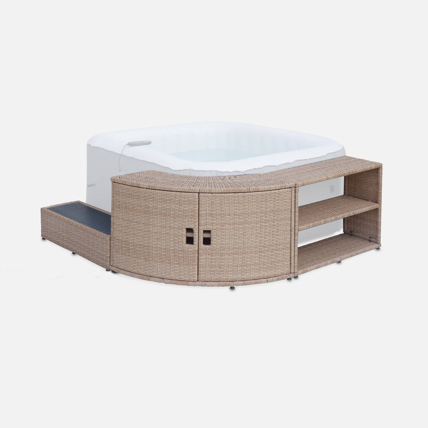 Armazón de spa, contorno de resina tejida natural para spa cuadrado con mueble, estante y escalón Photo1