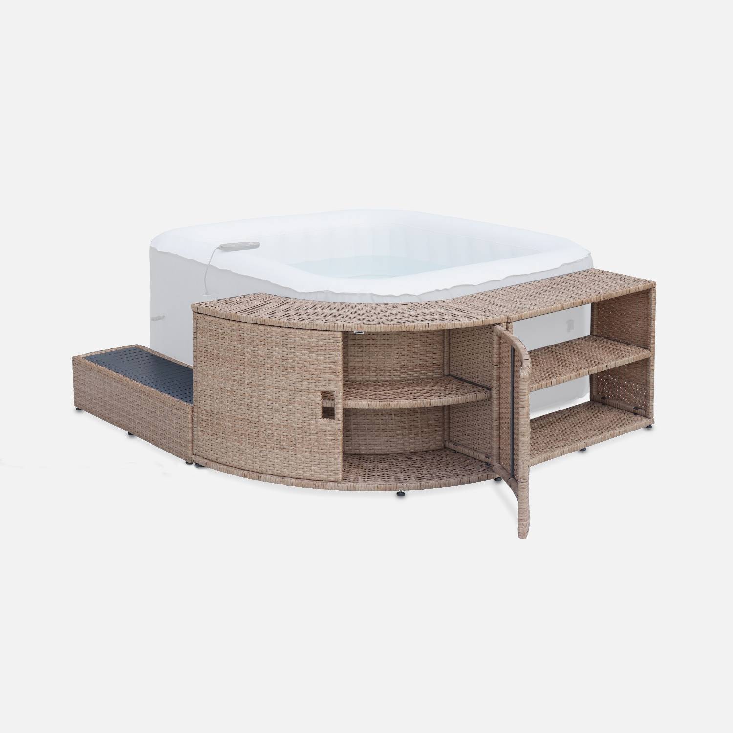 Natural polyrattan surround for square hot tub with cabinet, shelf and footstep,sweeek,Photo2
