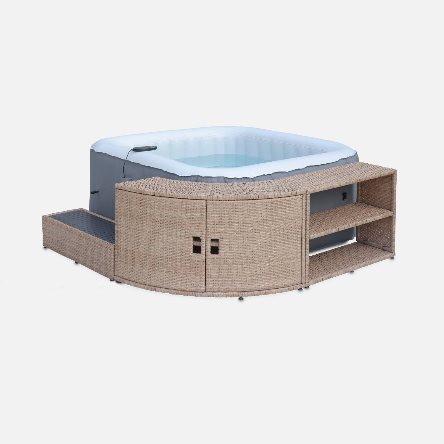 Natural polyrattan surround for square hot tub with cabinet, shelf and footstep,sweeek,Photo3