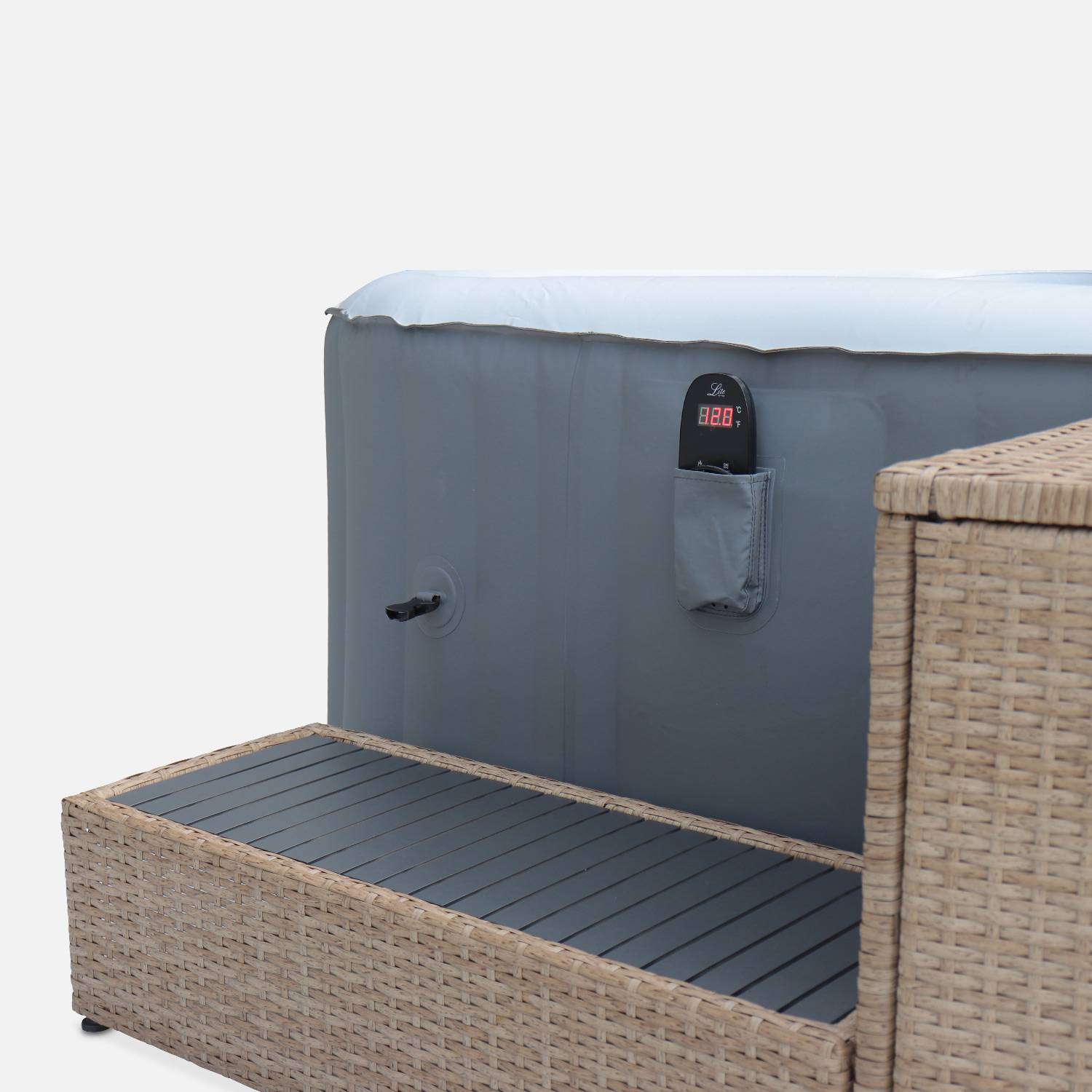 Natural polyrattan surround for square hot tub with cabinet, shelf and footstep,sweeek,Photo4