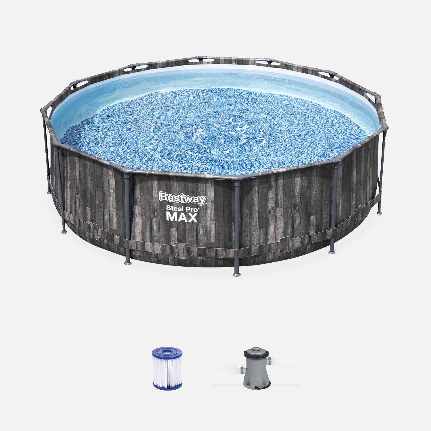 Piscina tubolare BESTWAY - Opalite grigia - aspetto legno, rotonda Ø3,6m con pompa di filtraggio, piscina fuori terra | sweeek