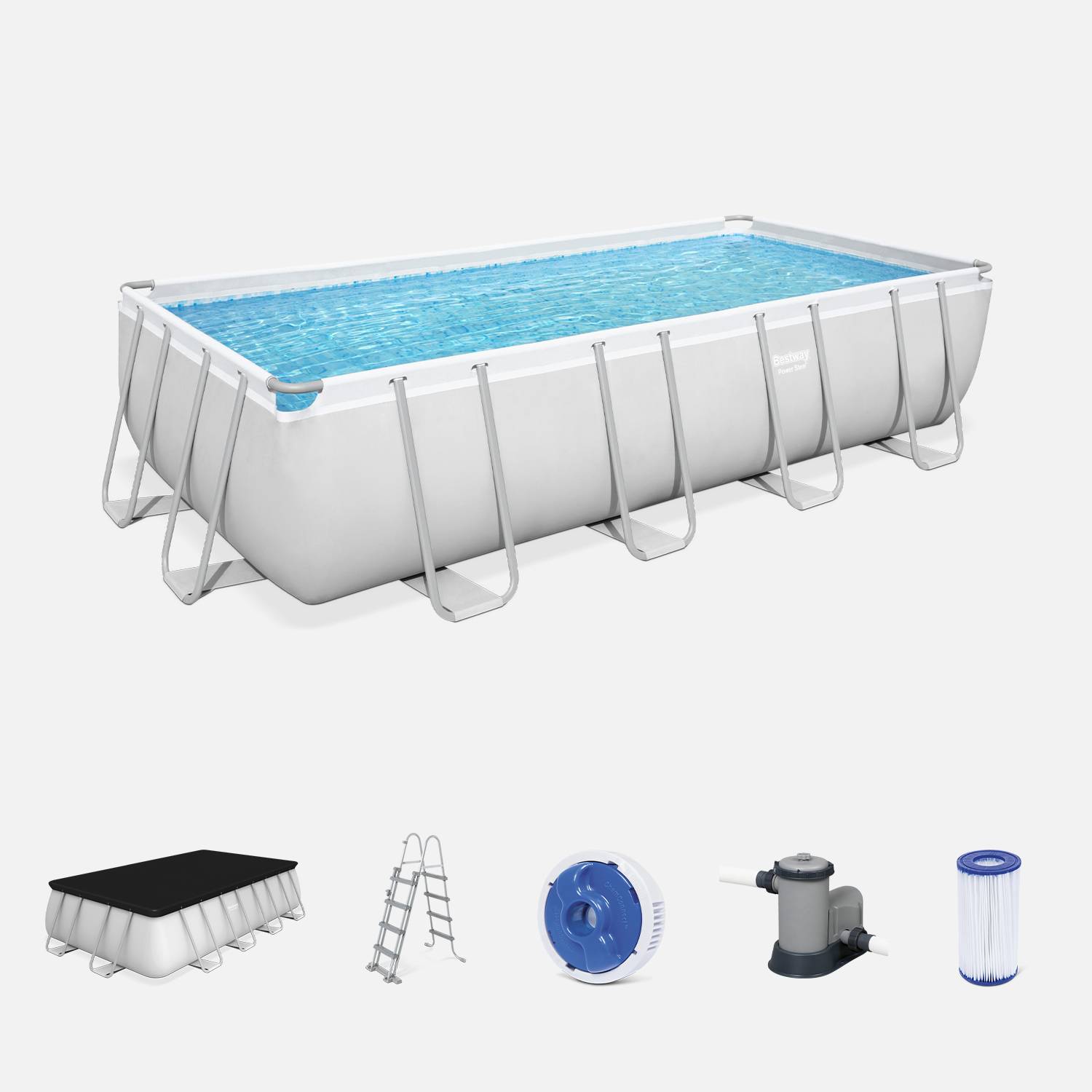 Bovengronds frame zwembad 5x3m, grijs, met dekzeil, pomp, filter, ladder, flotter en reparatieset Photo1