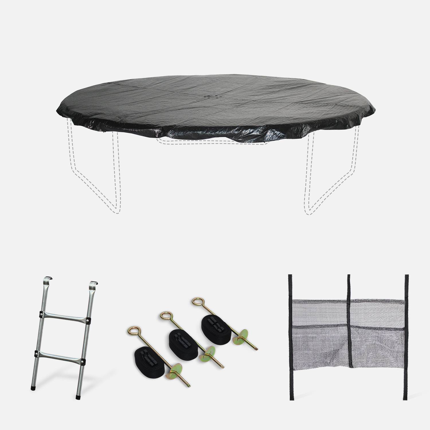Pack accessoires pour trampoline Ø 250cm Pluton/Gémeaux/Pluton INNER - Échelle, bâche de protection, filet de rangement pour chaussures et kit d’ancrage,sweeek,Photo1