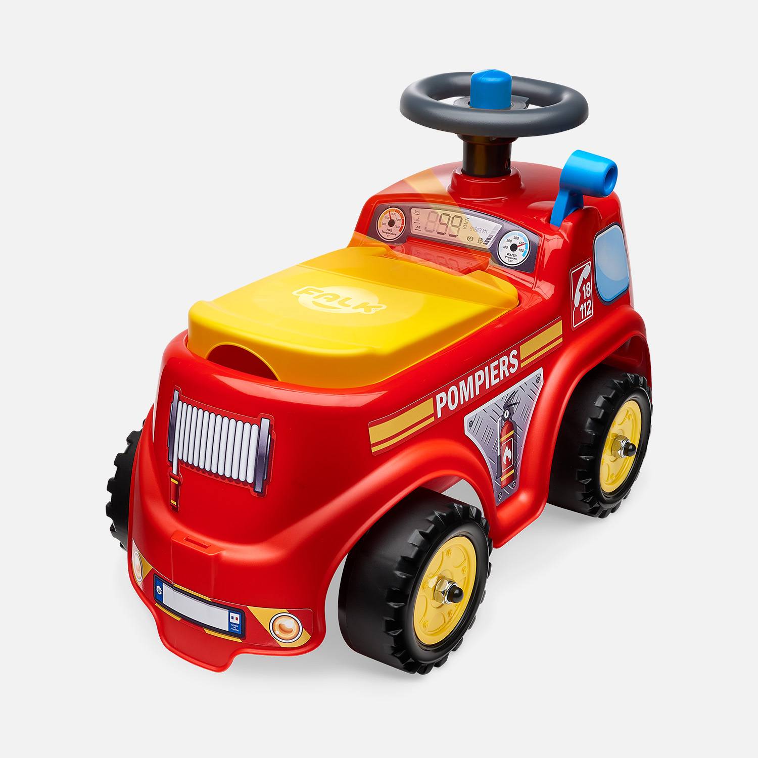 Babyrutscher Feuerwehrwagen mit aufklappbaren Sitz und Lenkrad, mit Hupe, 100% Made in France Photo2