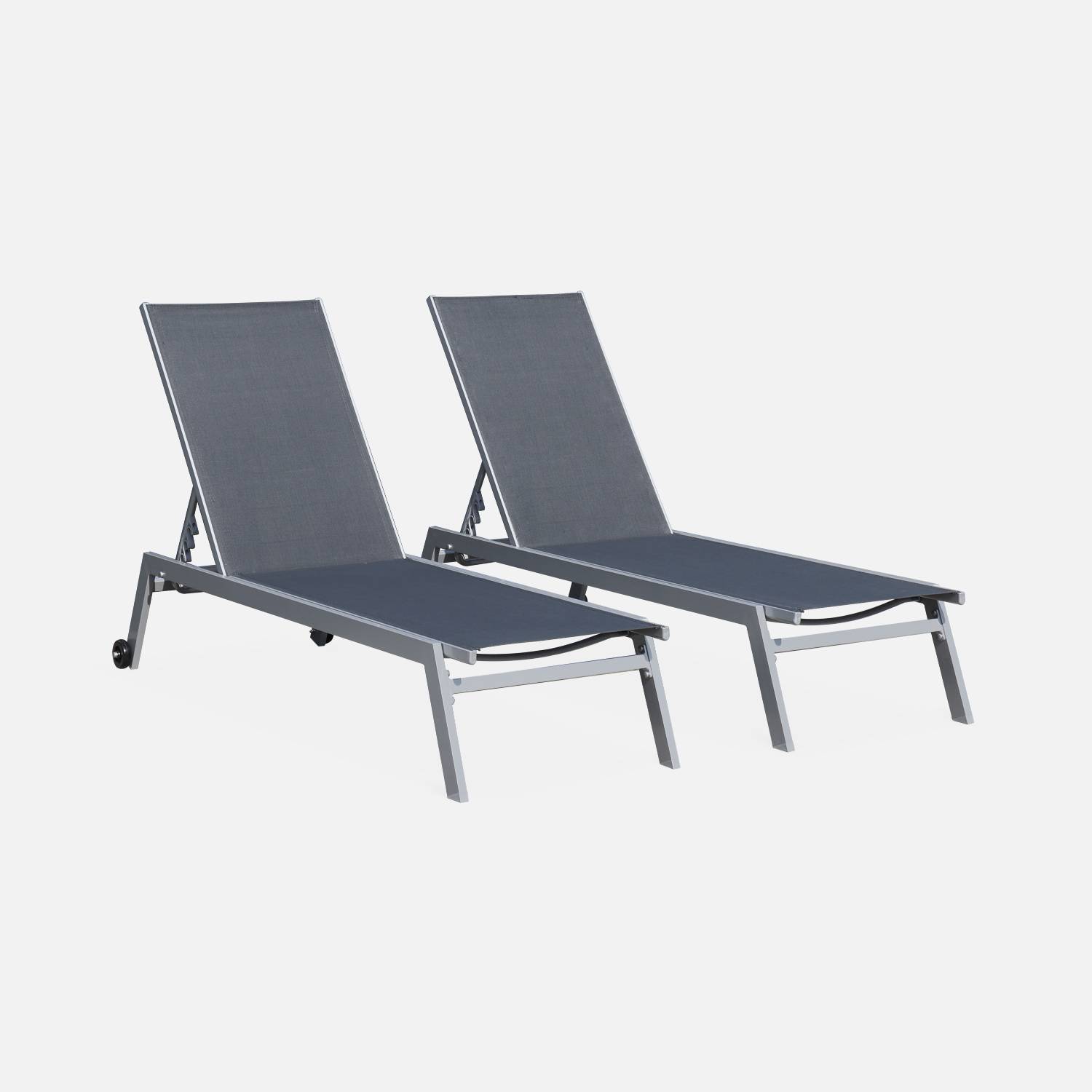 Pair of multi-position aluminium sun loungers with wheels - Elsa - Grey frame, Charcoal Grey textilene fabric Photo2