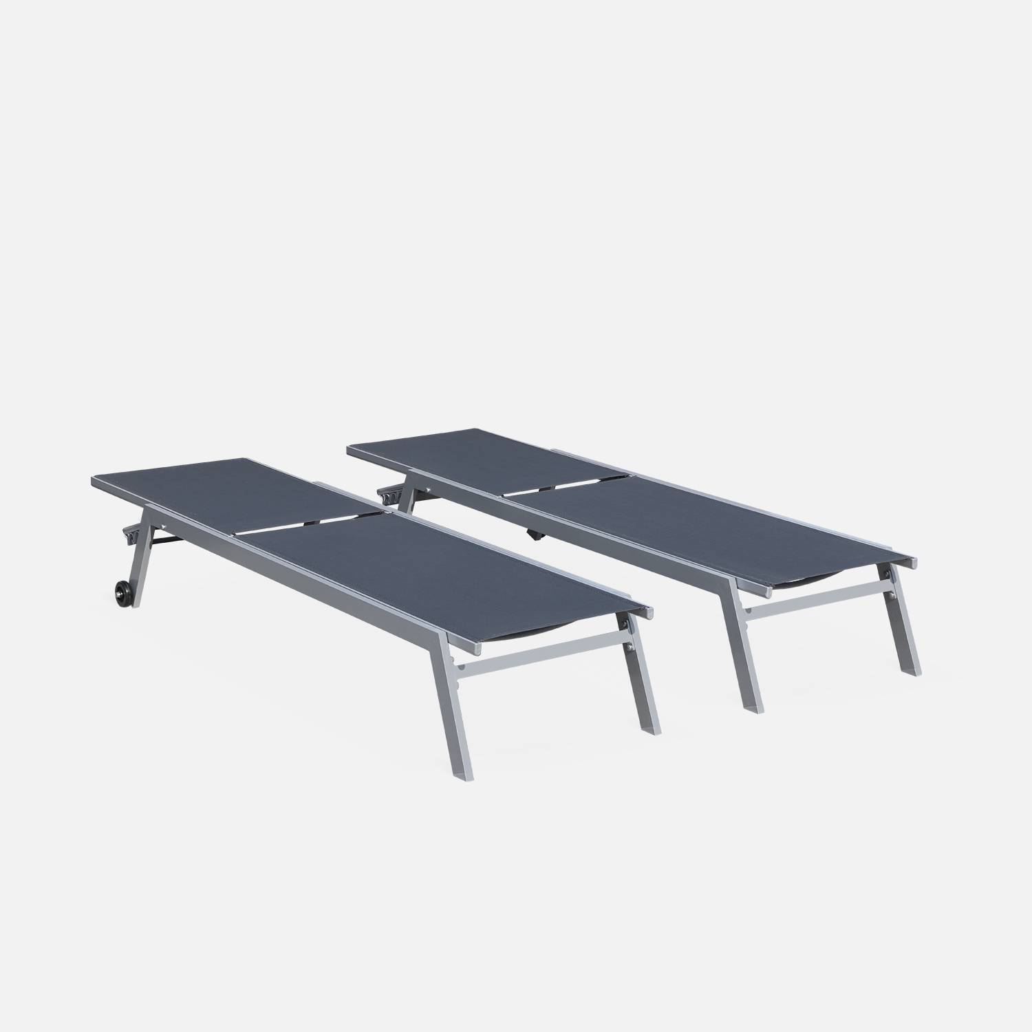Pair of multi-position aluminium sun loungers with wheels - Elsa - Grey frame, Charcoal Grey textilene fabric Photo3