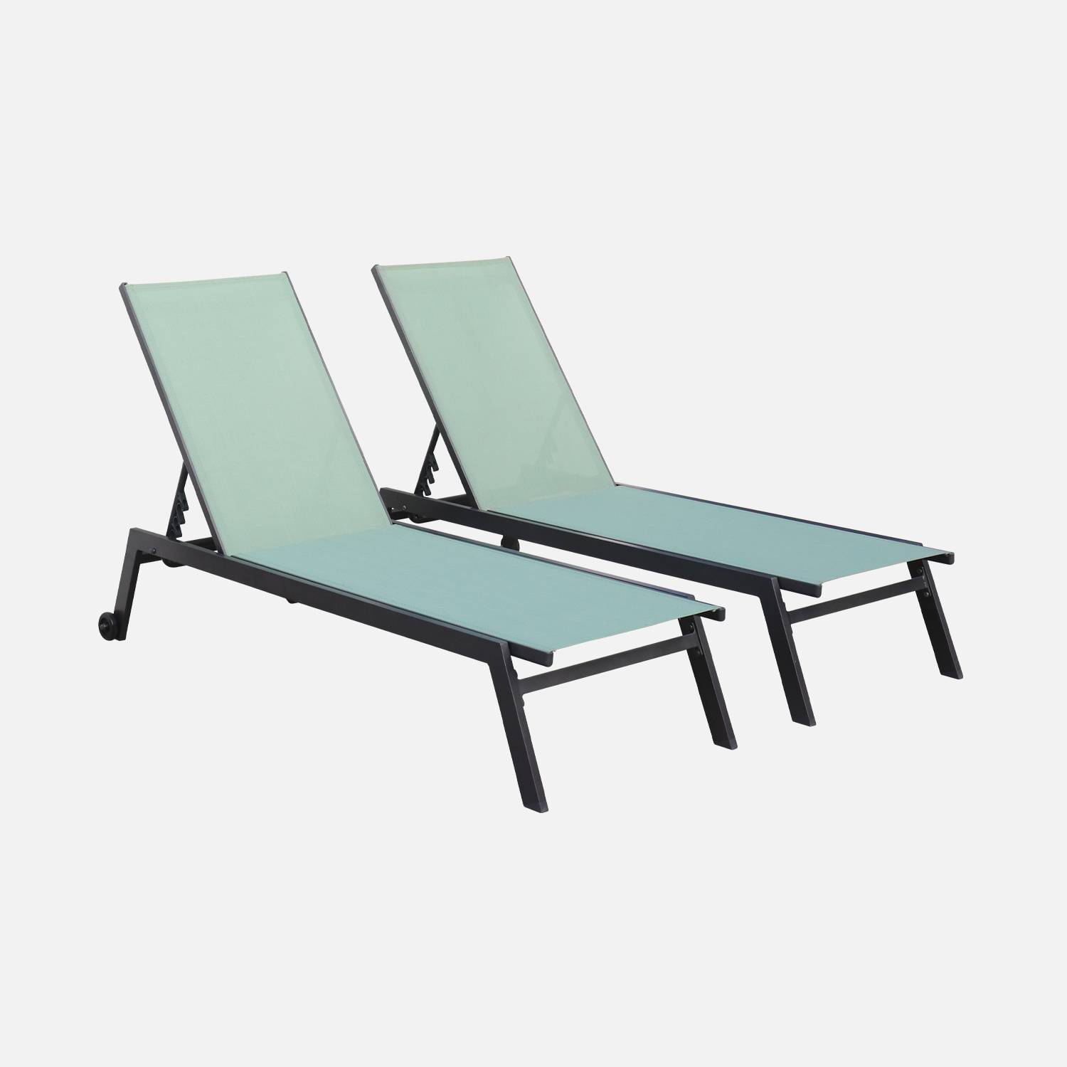 Pair of multi-position aluminium sun loungers with wheels - Elsa - Anthracite frame, Sage Green textilene fabric Photo2