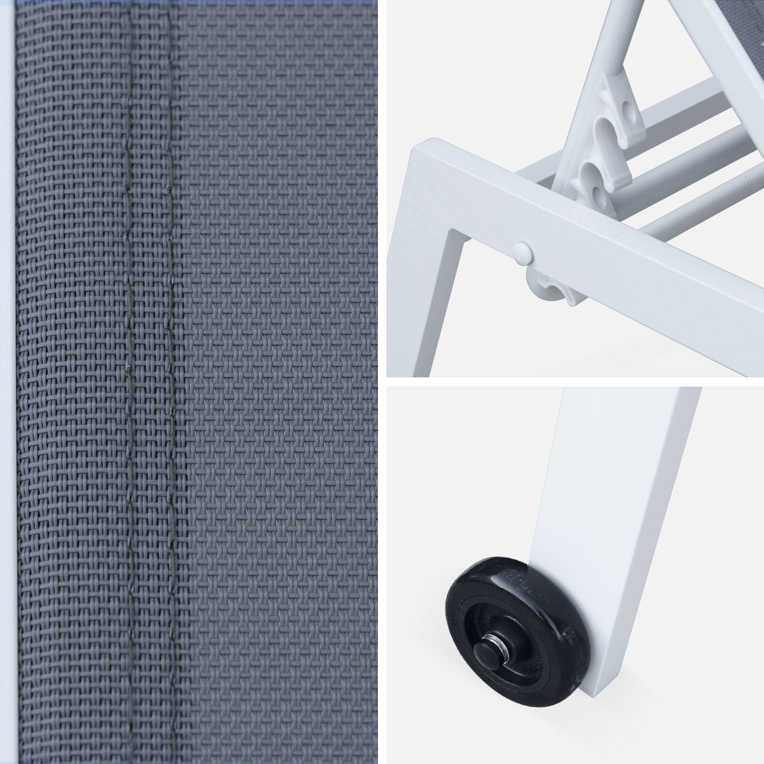 Pair of multi-position aluminium sun loungers with wheels - Elsa - White frame, Grey textilene fabric Photo4