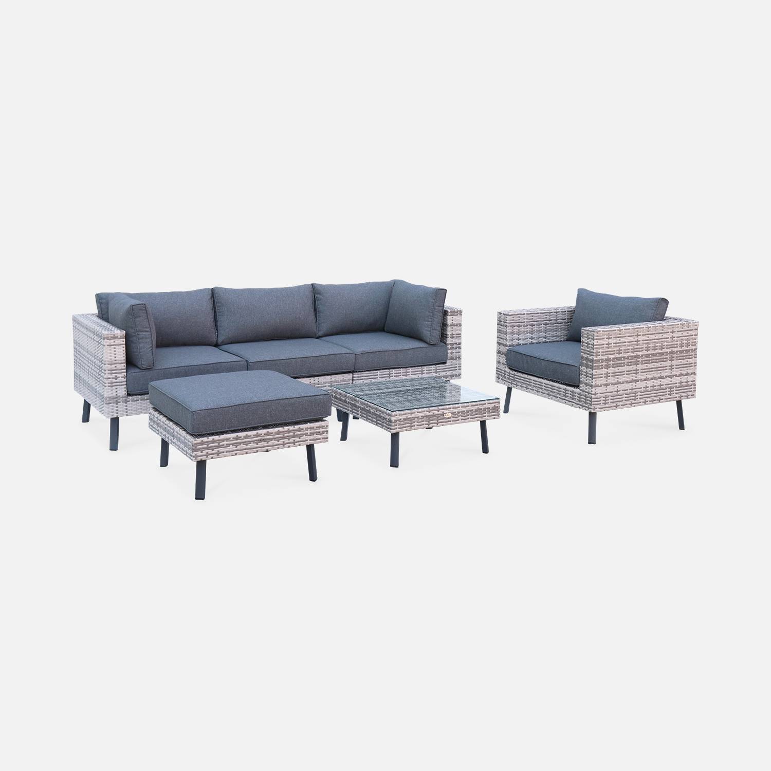 Gartenmobelset 5 Sitzer aus flach geflochtenem Polyrattan Alba Grautone und dunkelgraue Kissen sweeek