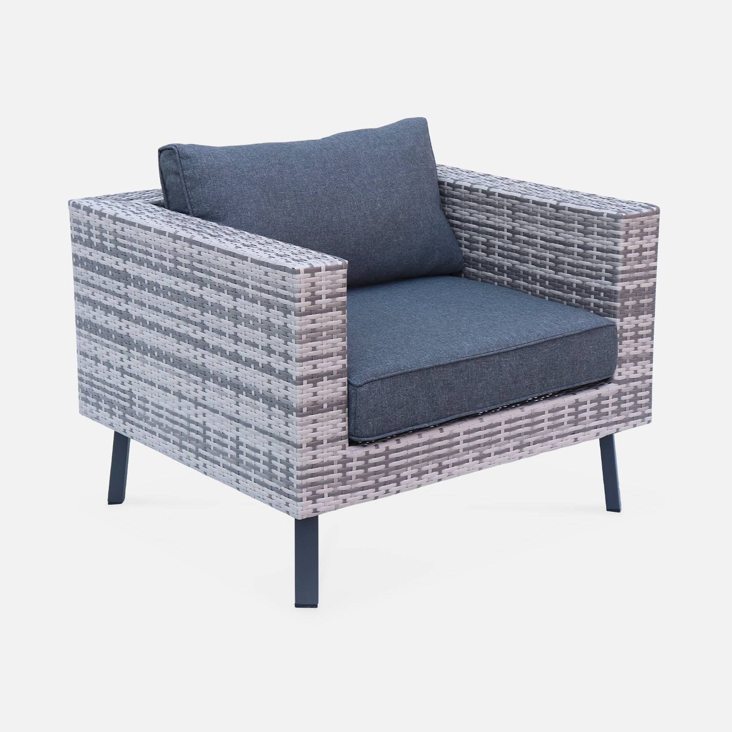 Loungeset 5 zitplaatsen in plat wicker, gemixt grijs wicker en donkergrijze kussens,sweeek,Photo3