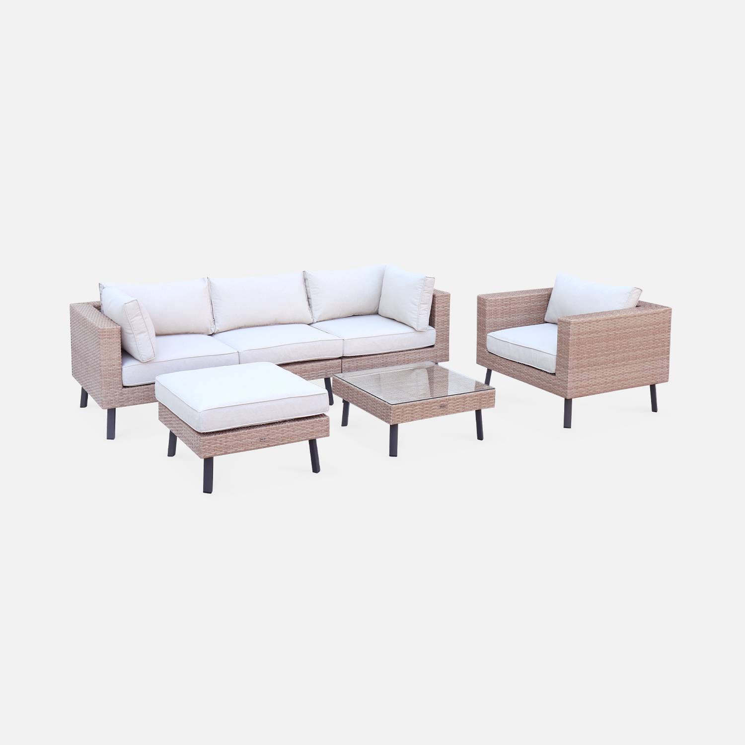 Conjunto de muebles de jardín para 5 personas en resina de tejido plano - Alba - resina y cojines beige | sweeek