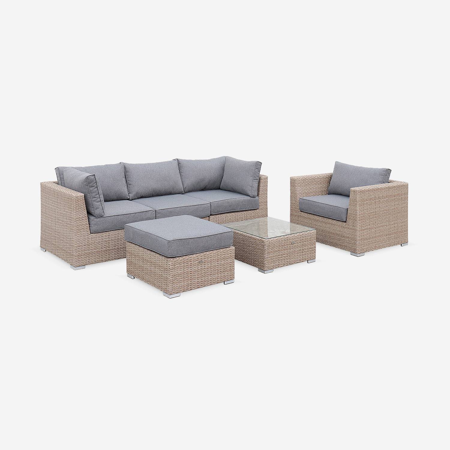 Hochwertige Gartenmöbel aus abgerundetem Polyrattan XXL -VINCI- Farbe Natur/Kissen dunkelgrau 5 Sitzplätze | sweeek