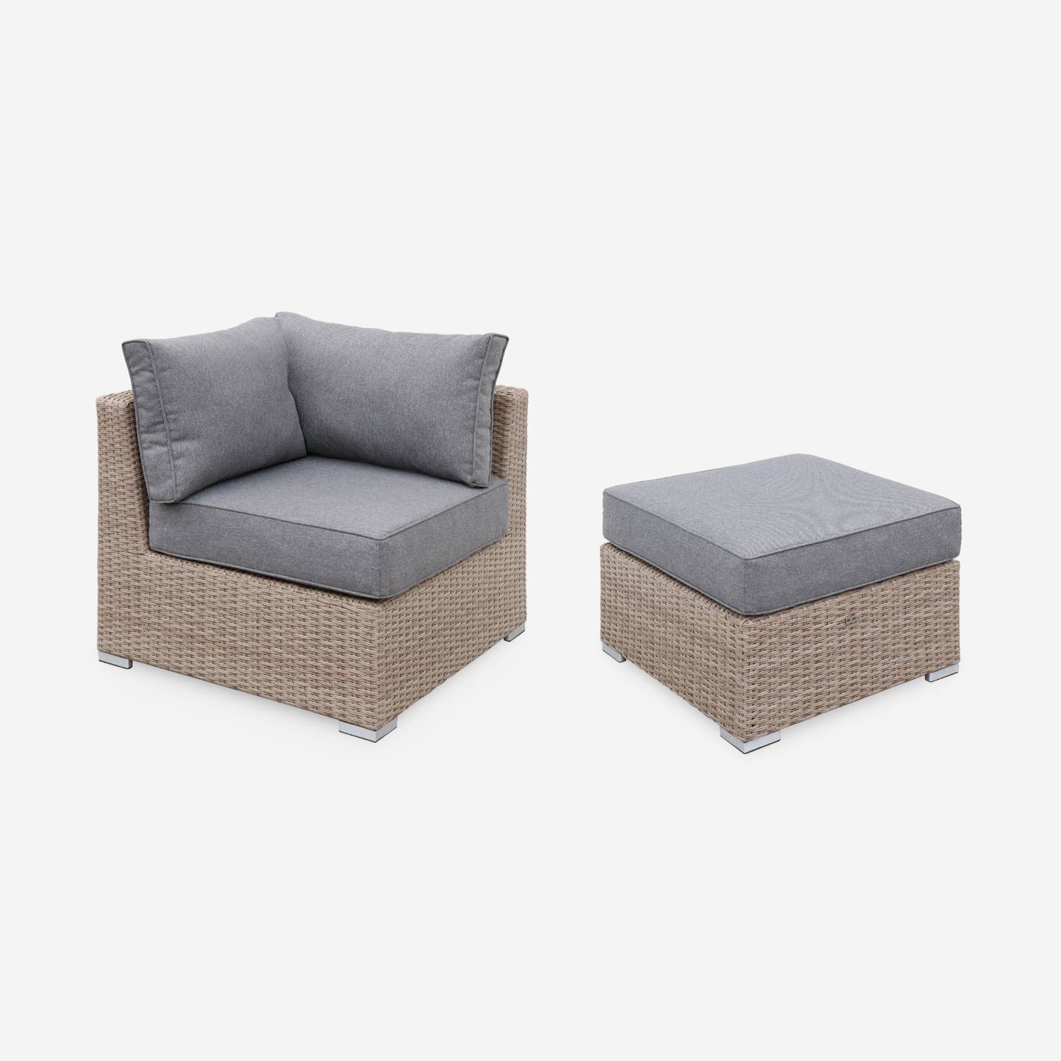 Ready assembled 5-seater deluxe polyrattan modular garden sofa set with armchair, footrest, table,  Natural rattan & Aluminium, VINCI  Photo5
