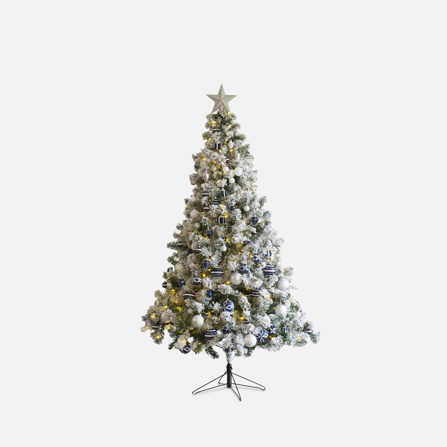 Árvore de Natal artificial coberta de neve com kit de decoração - Montreal 180cm - branca com decorações azuis, prateadas e brancas Photo7