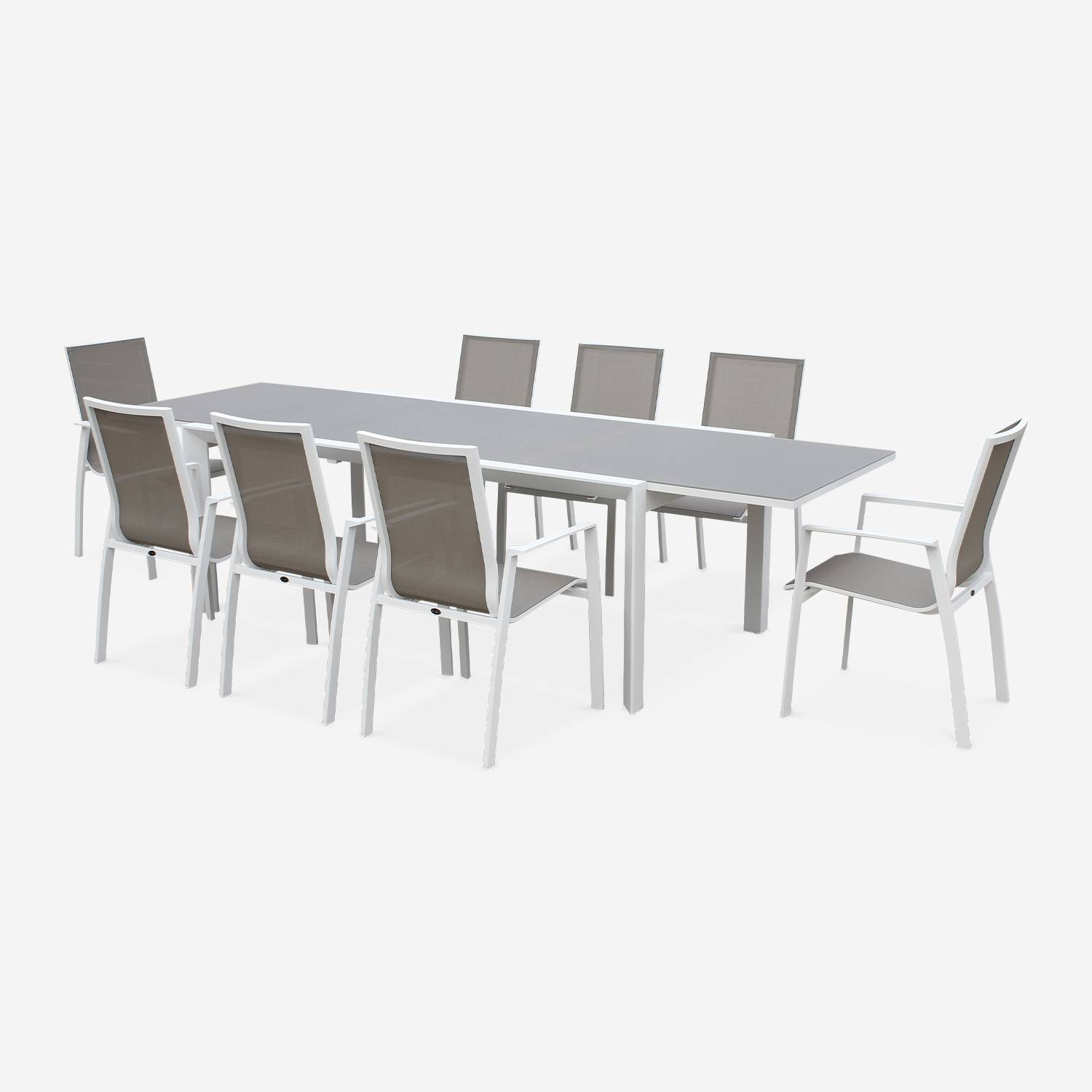 8-seater garden dining set, extendable 200-300cm aluminium table and 8 armchairs - Washington - White frame, Beige-Brown textilene Photo2