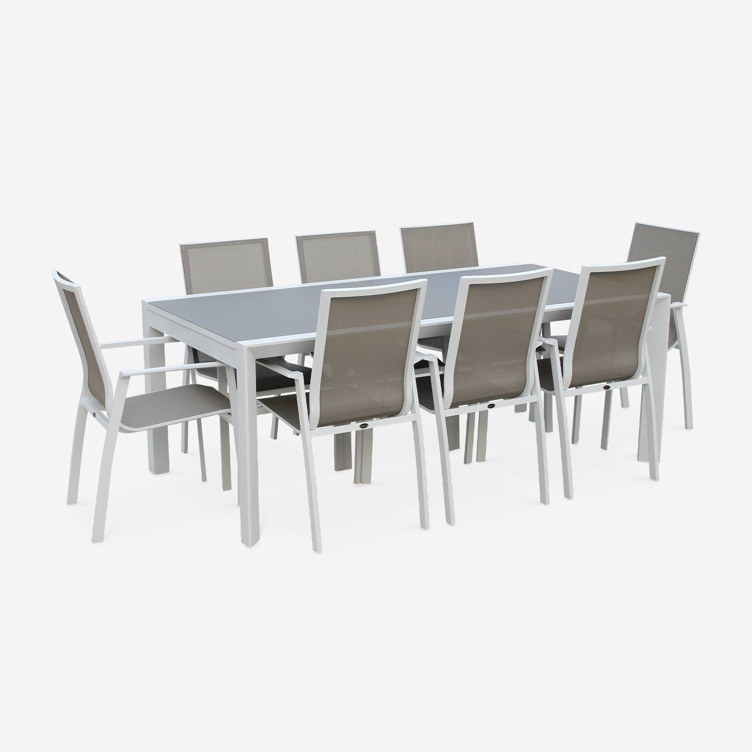 Tavolo da giardino con tavolo allungabile - modello: Washington, colore: Talpa - Tavolo in alluminio, dimensioni: 200/300cm, ripiano in vetro smerigliato, prolunga e 8 poltrone in textilene,sweeek,Photo3