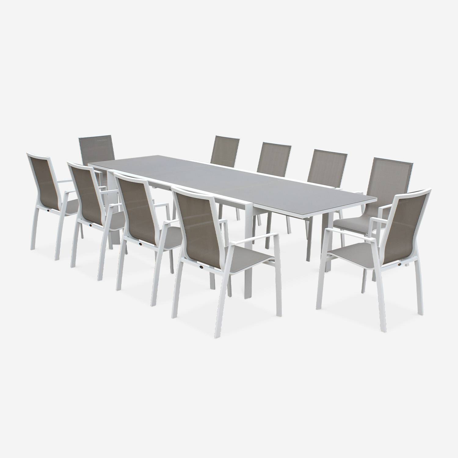 8-seater garden dining set, extendable 200-300cm aluminium table and 8 armchairs - Washington - White frame, Beige-Brown textilene Photo4