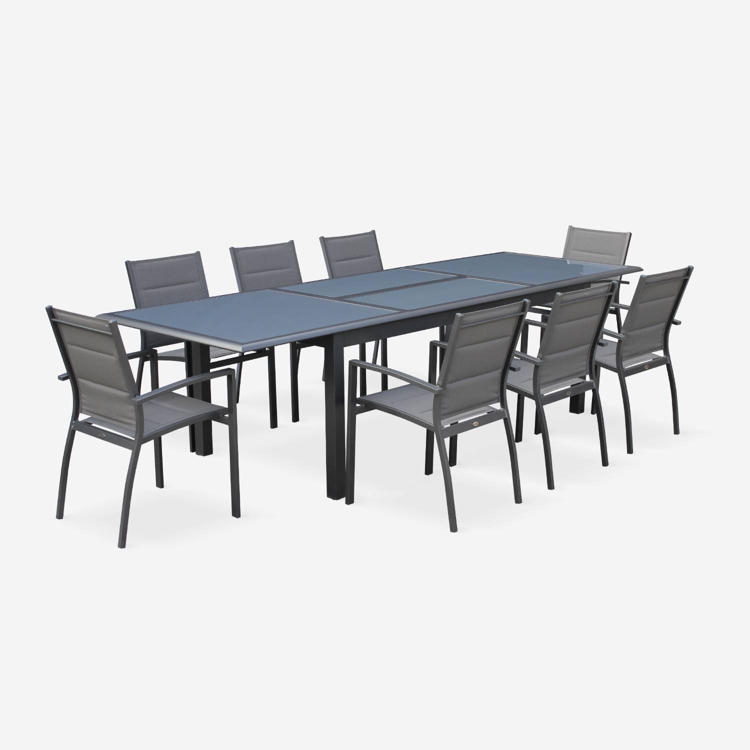 8-seater garden dining set, extendable 200-300cm aluminium table and 8 armchairs - Philadelphia - Anthracite textilene,sweeek,Photo2